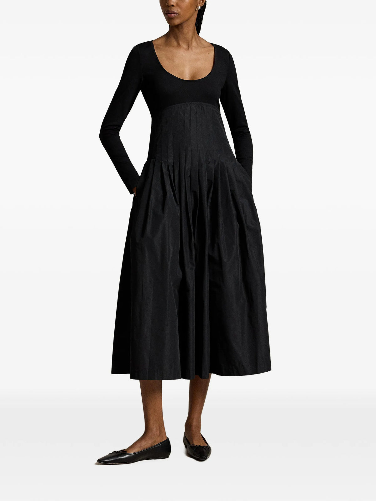 pleated long-sleeve midi dress