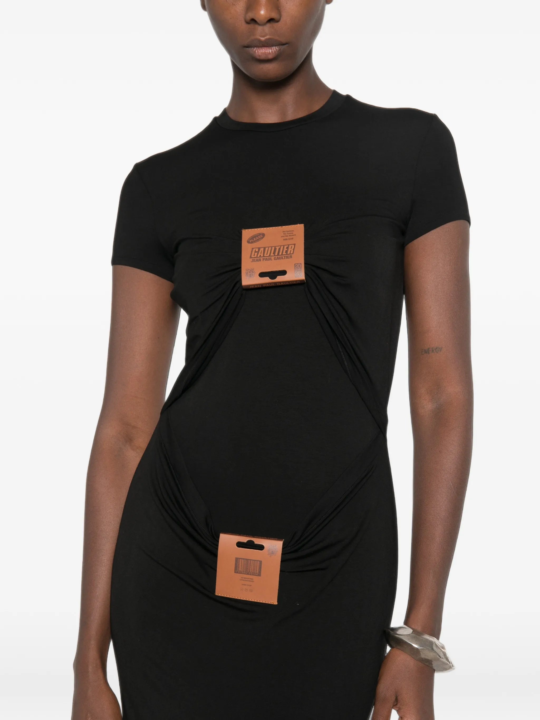 leather-tag draped maxi dress