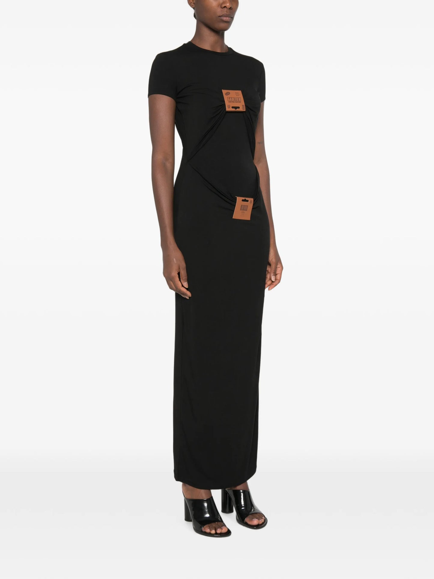 leather-tag draped maxi dress