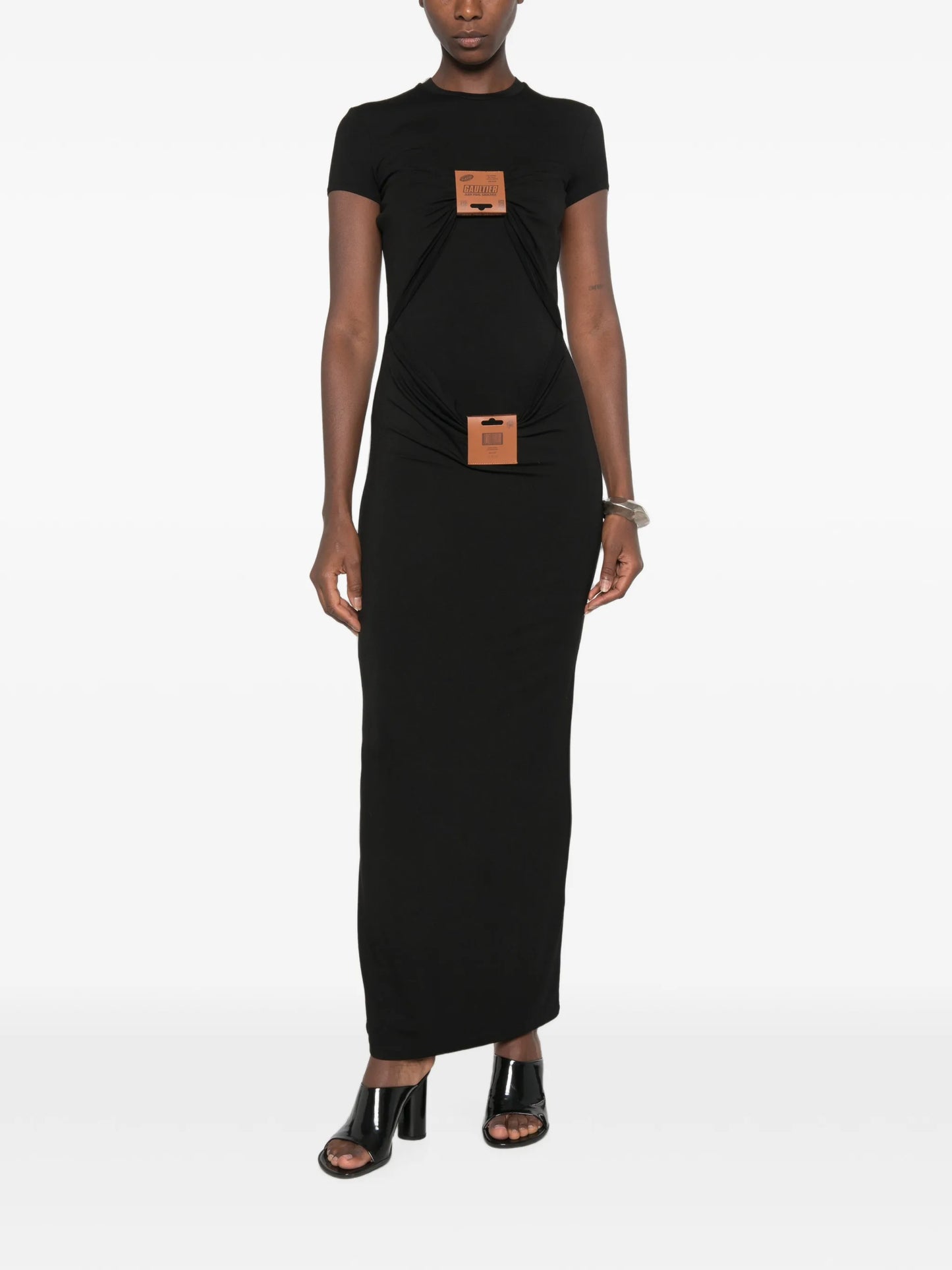 leather-tag draped maxi dress
