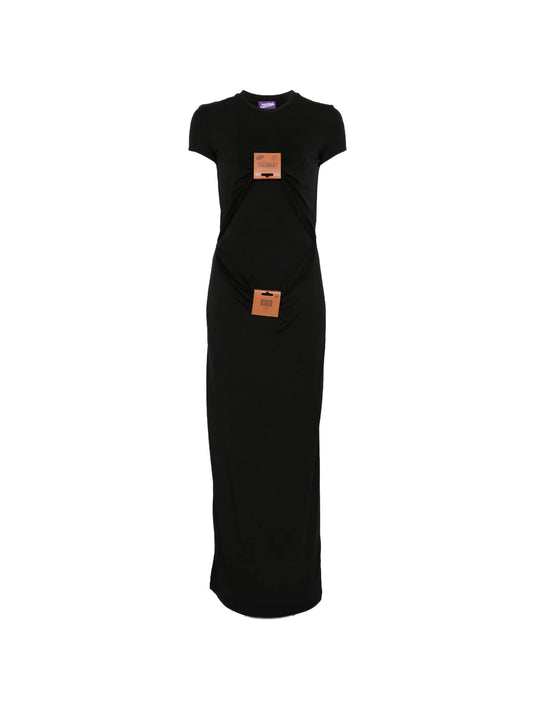 leather-tag draped maxi dress