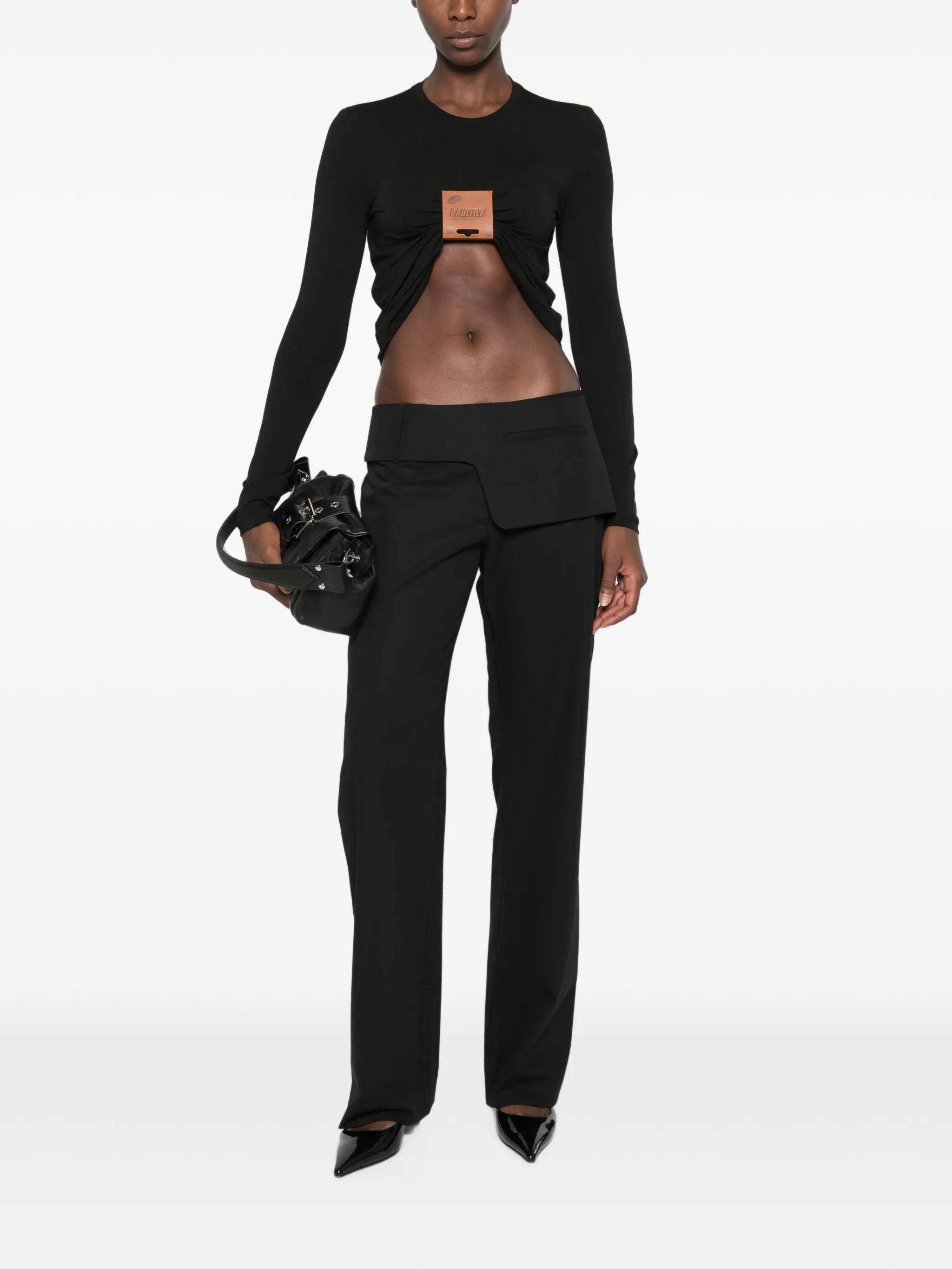 leather-tag long-sleeve top