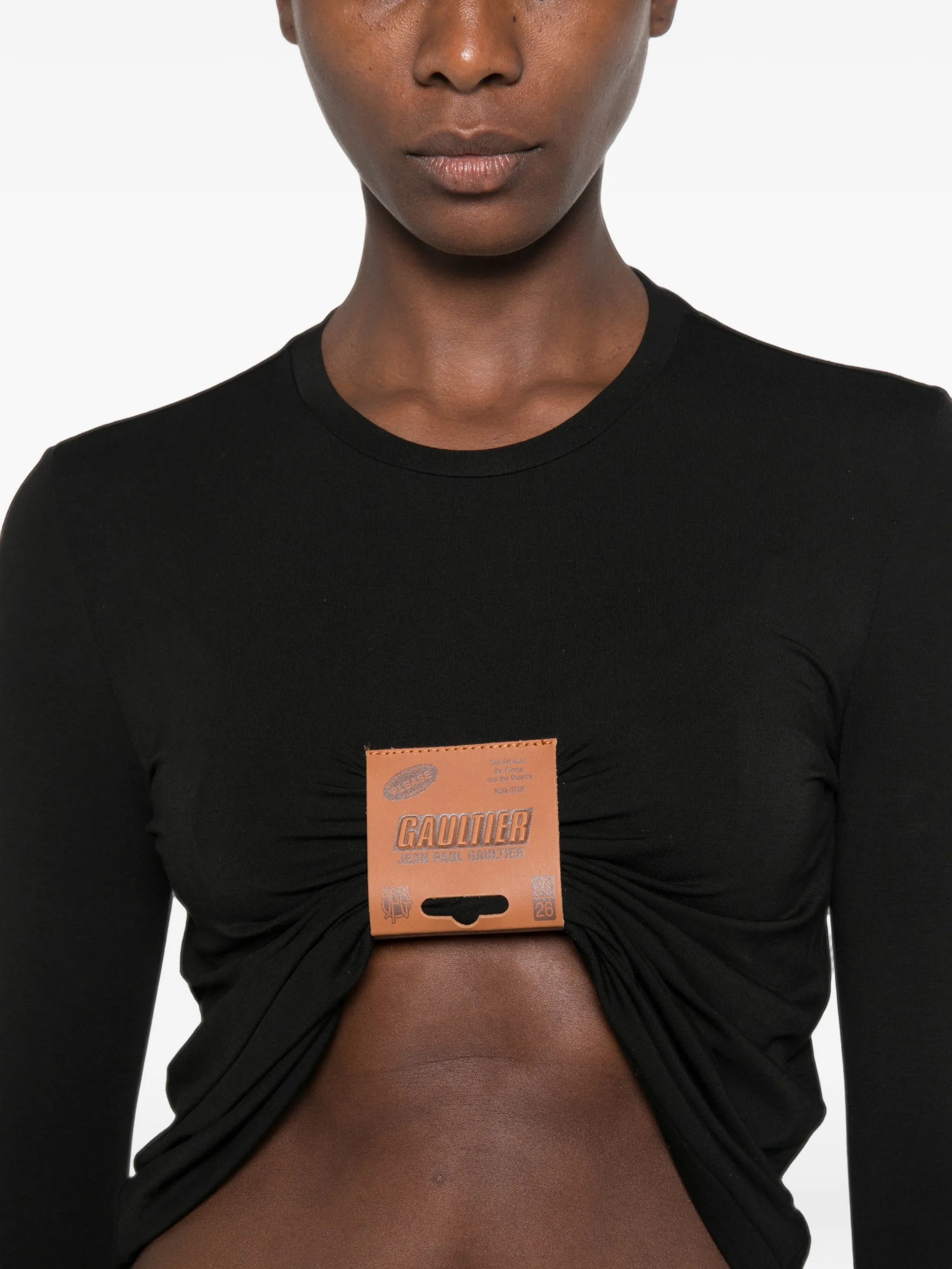 leather-tag long-sleeve top