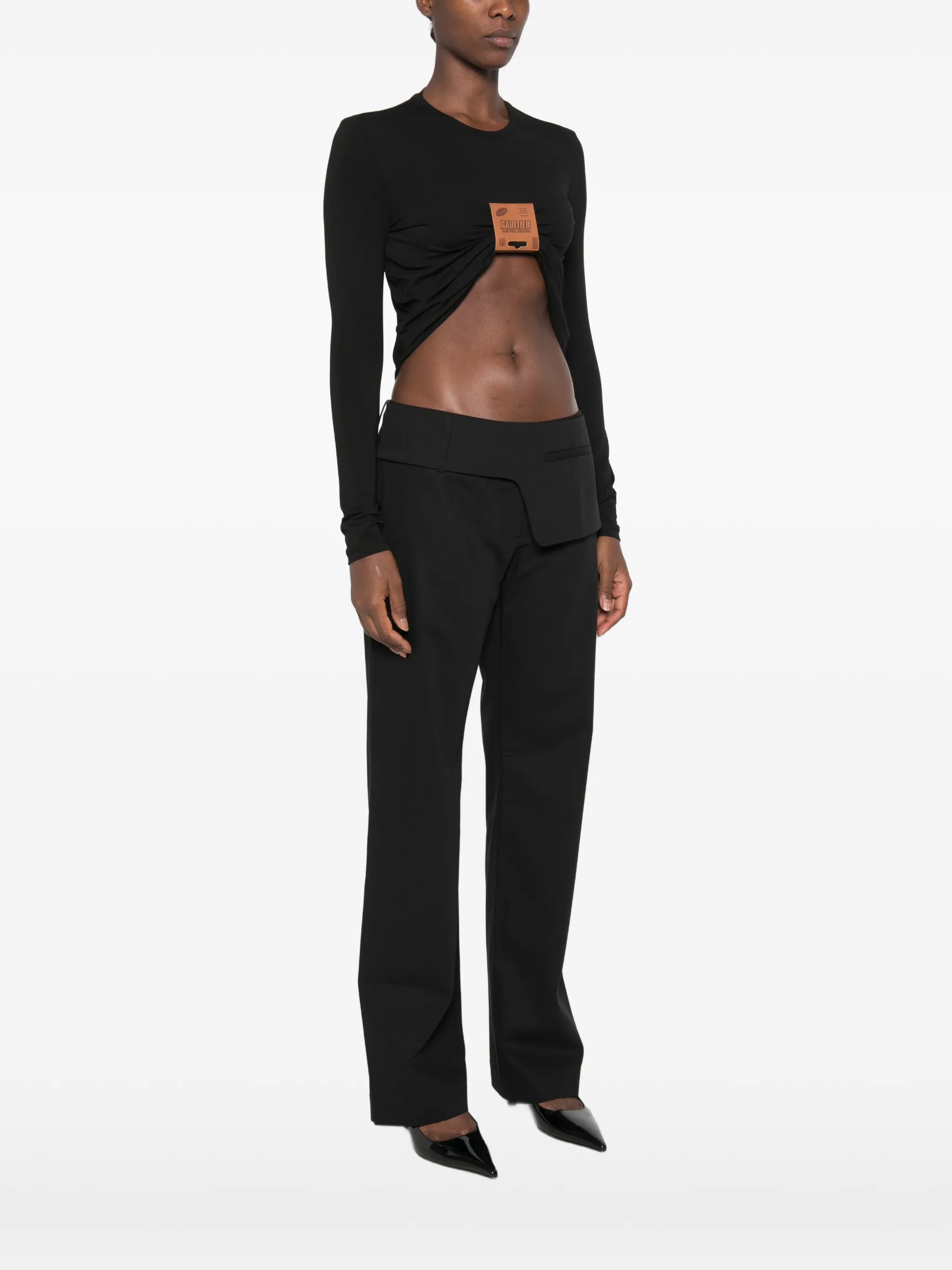 leather-tag long-sleeve top
