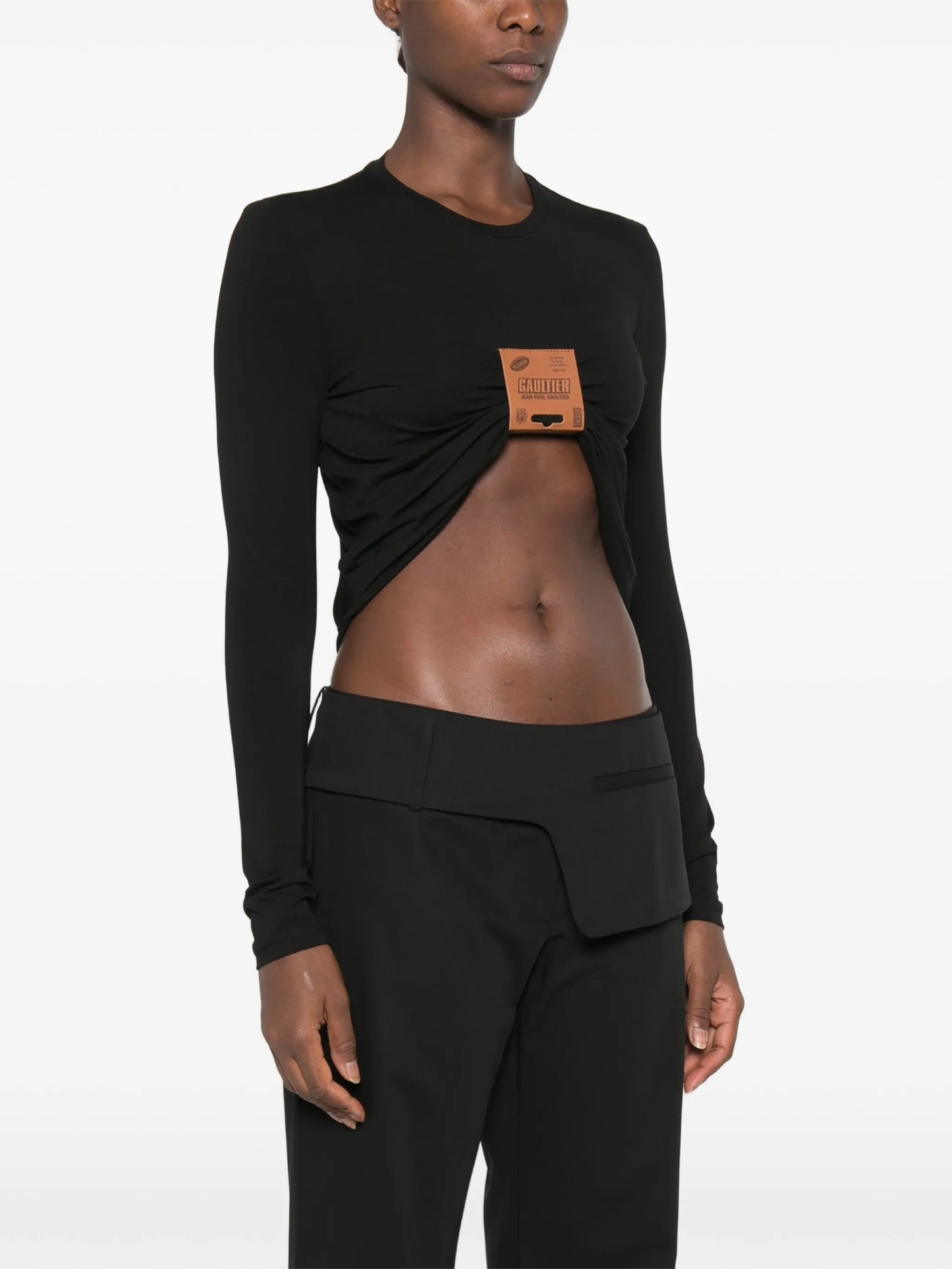 leather-tag long-sleeve top