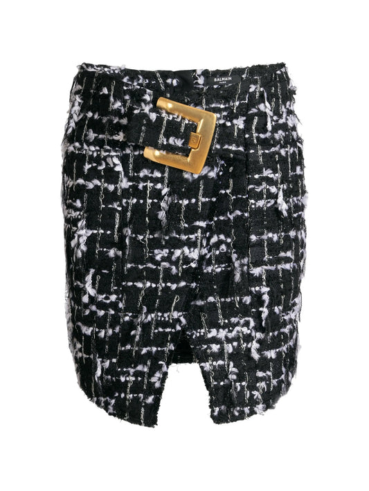 belted fringed tweed skirt