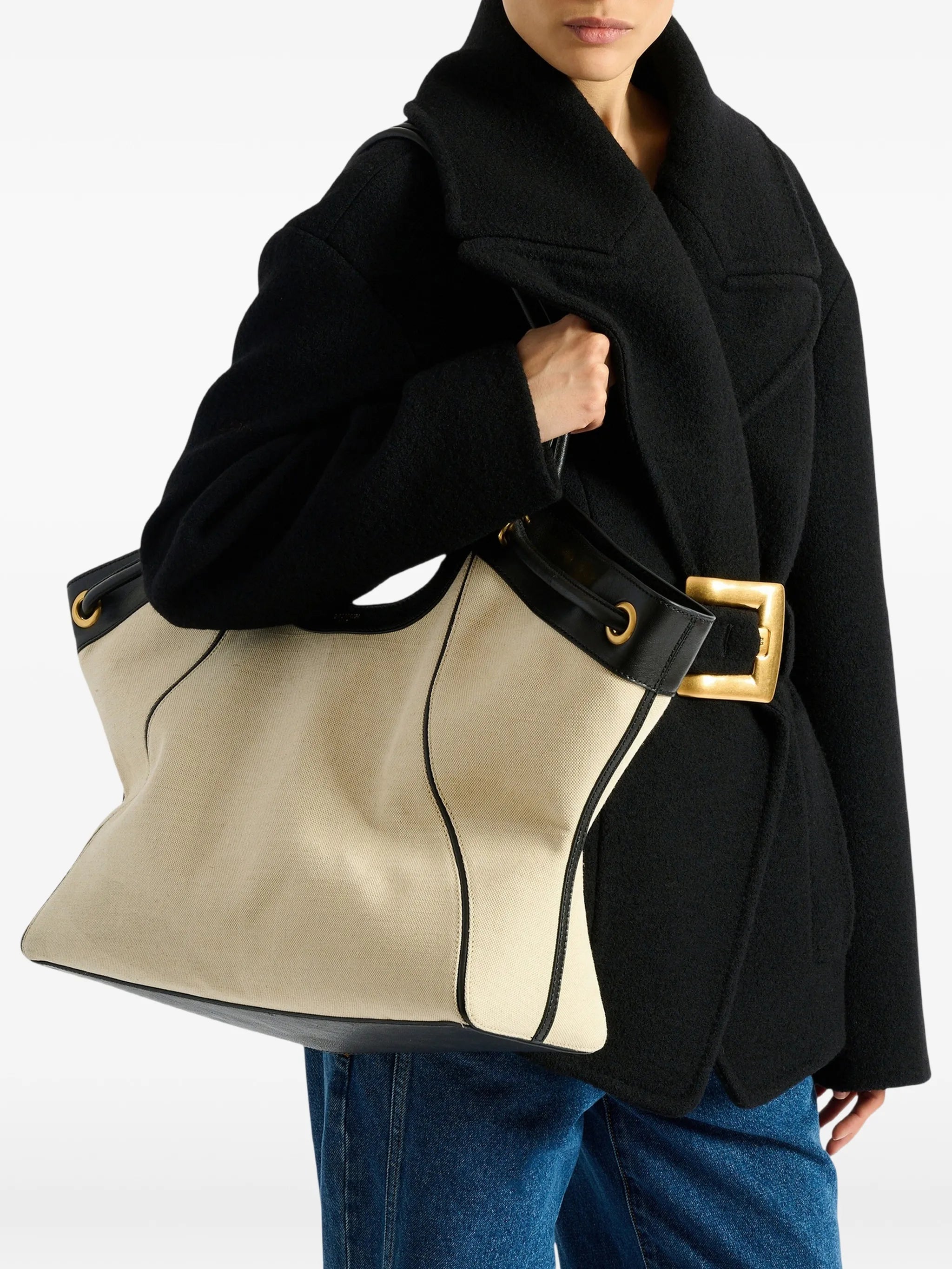 large tote in smooth leather and canvas
