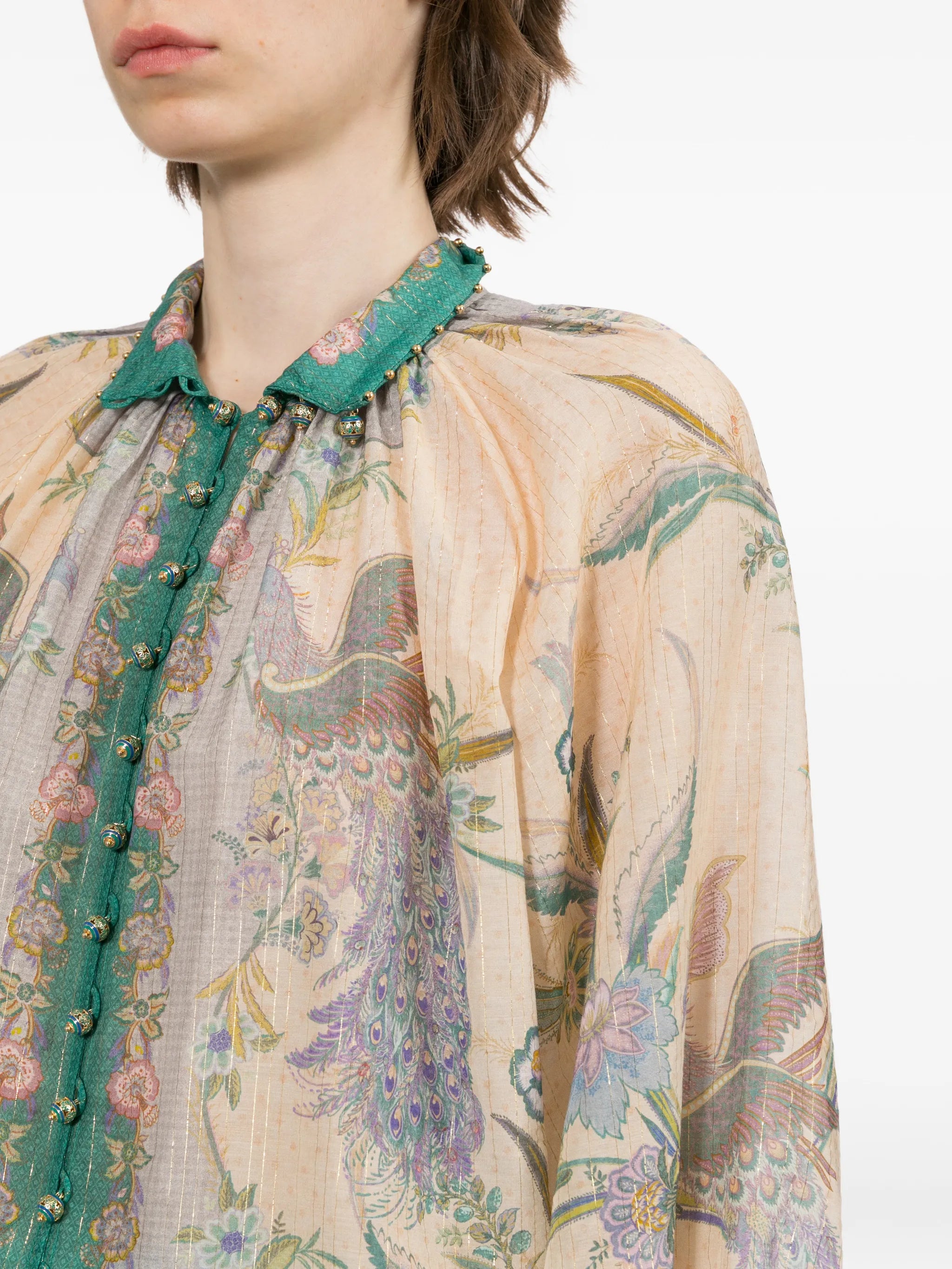 jewel-button high-collar blouse