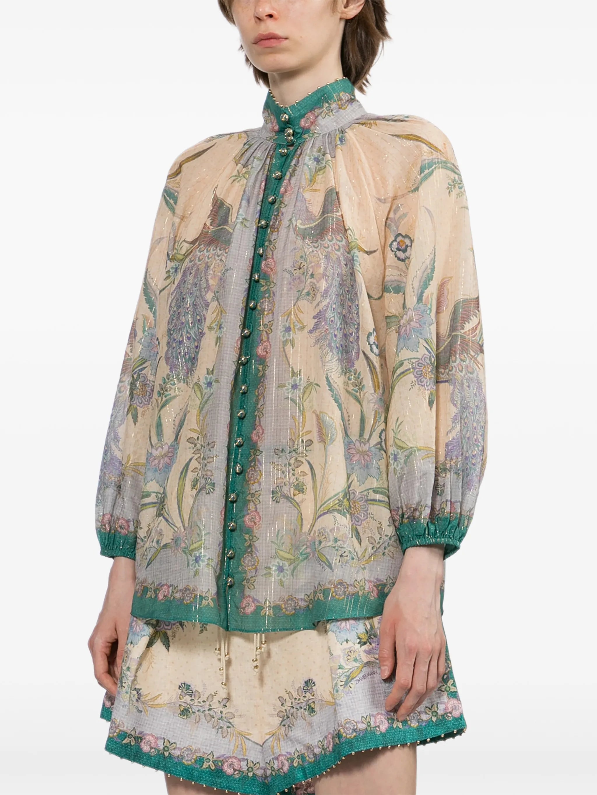 jewel-button high-collar blouse