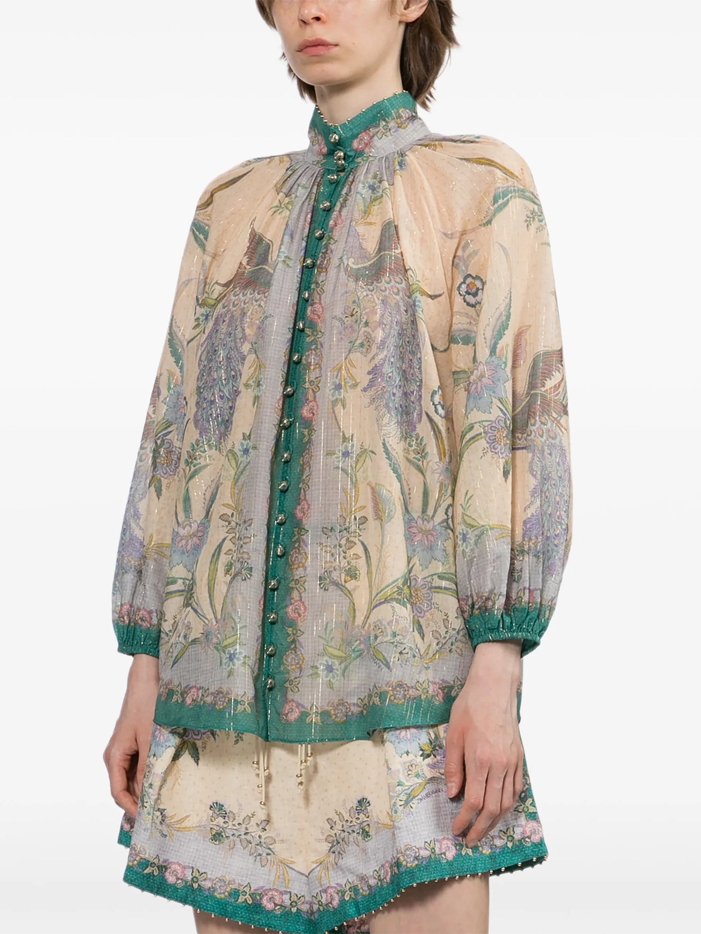 jewel-button high-collar blouse