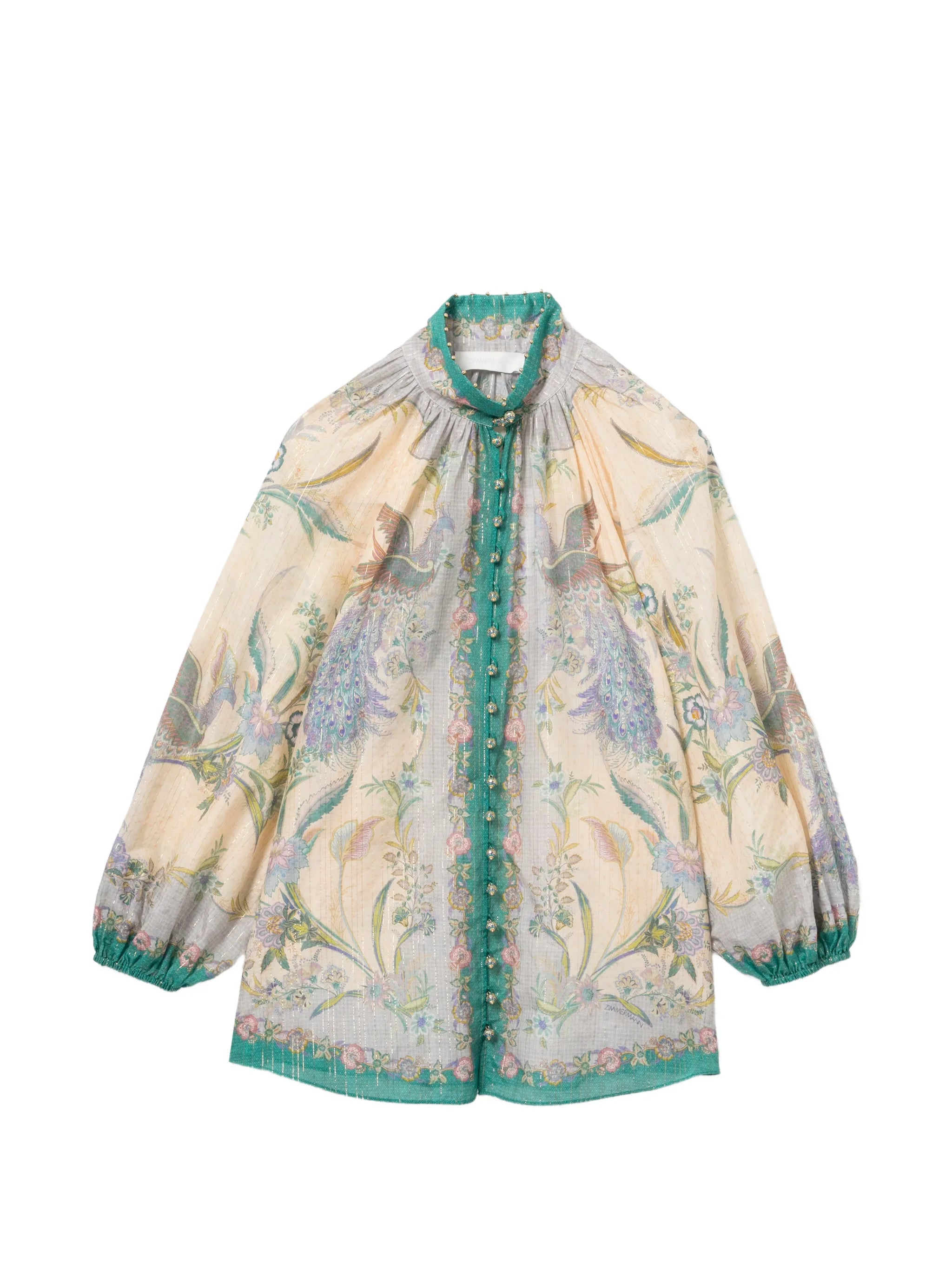 jewel-button high-collar blouse