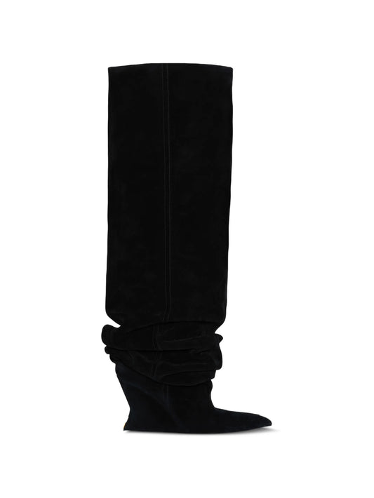suede leather wedge thigh-high boots