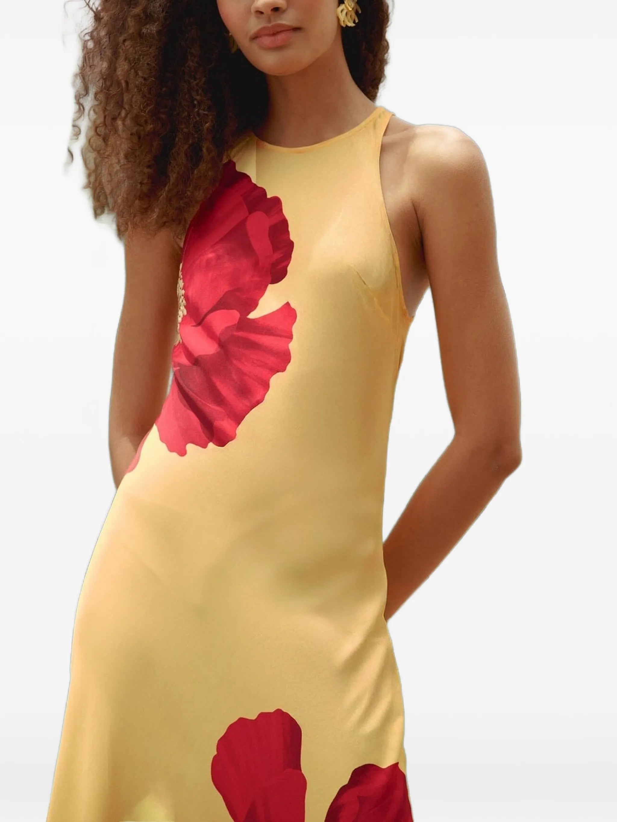 light yellow poppy flowers sleeveless maxi dress