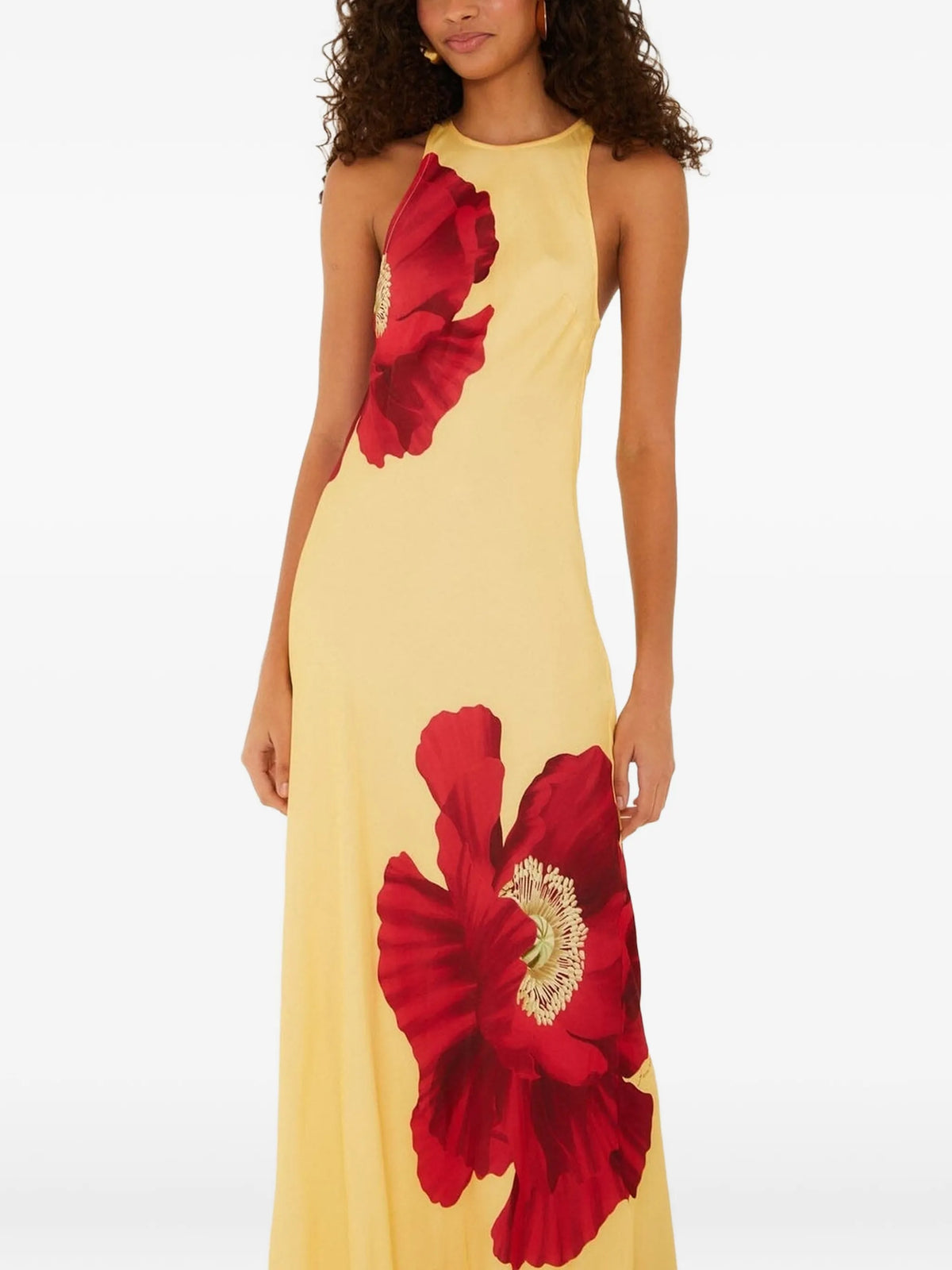 light yellow poppy flowers sleeveless maxi dress