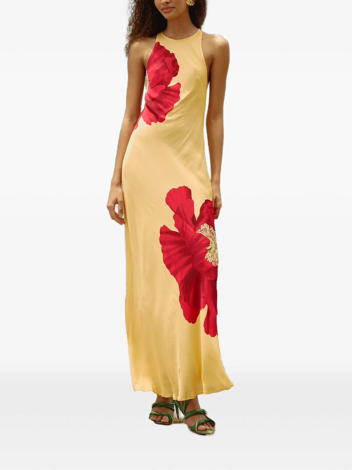 light yellow poppy flowers sleeveless maxi dress