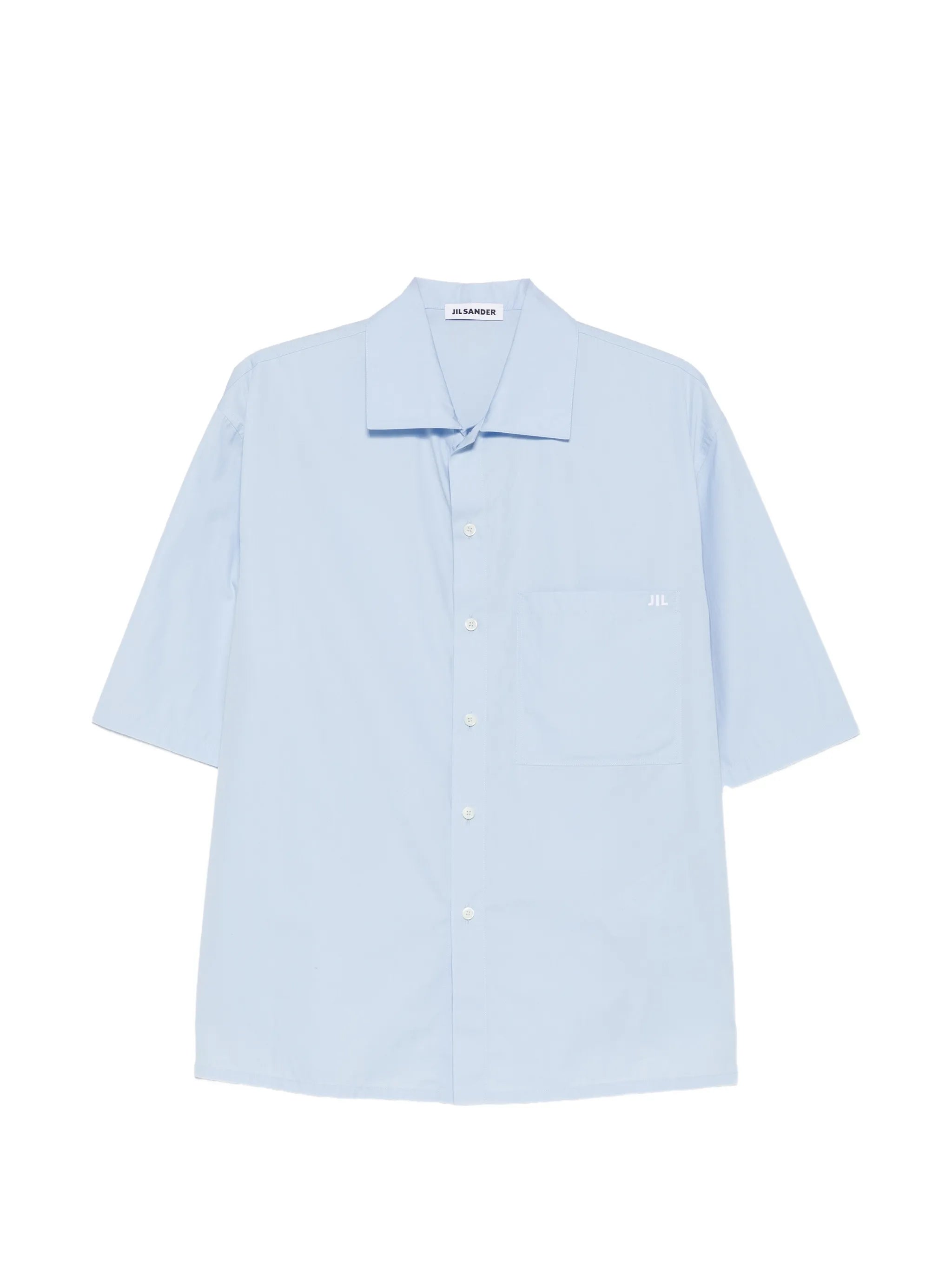 boxy-fit short-sleeved lightweight cotton poplin shirt with single chest pocket and embroidered JIL logo