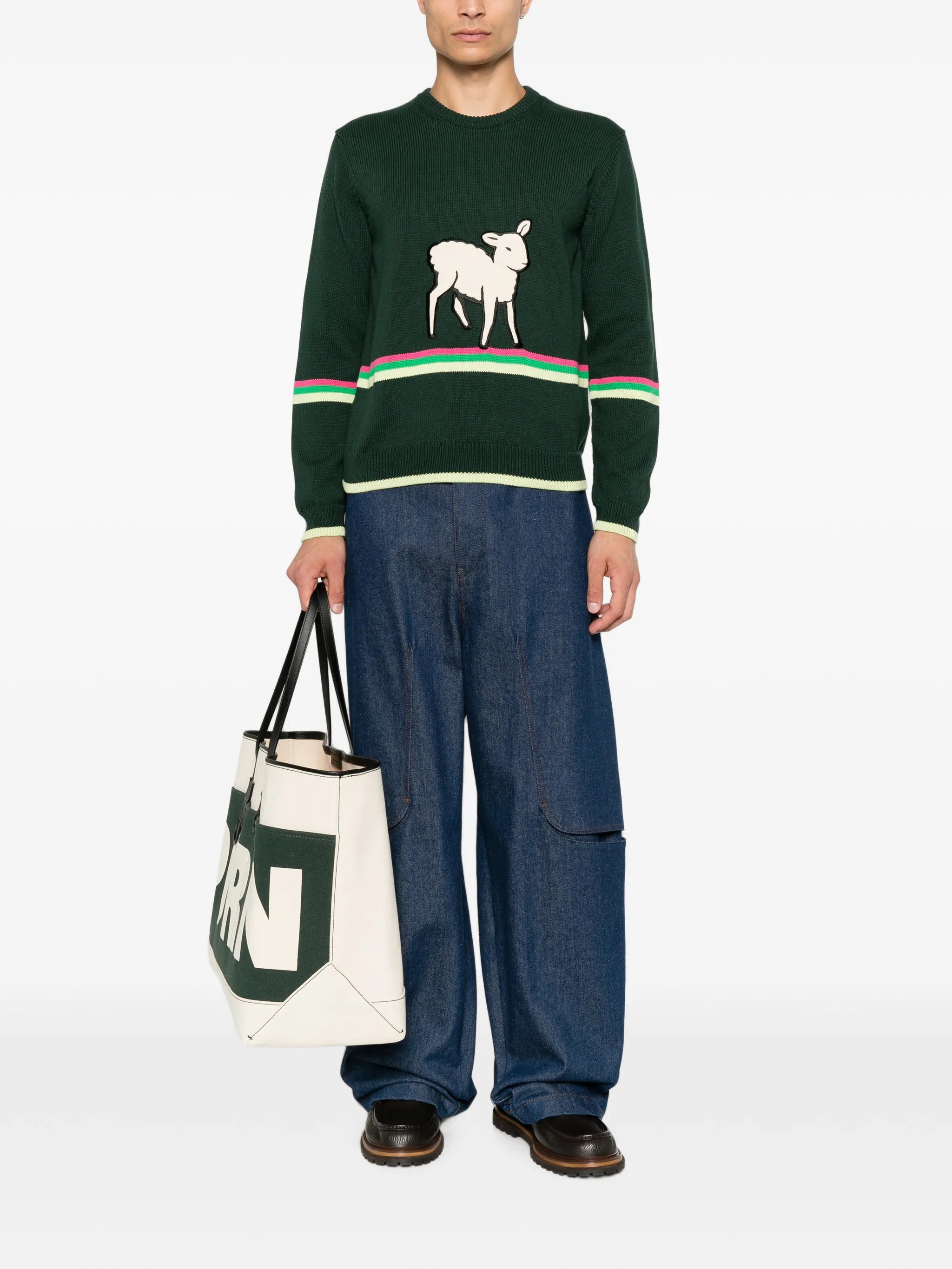 lamb-intarsia striped-trim sweater