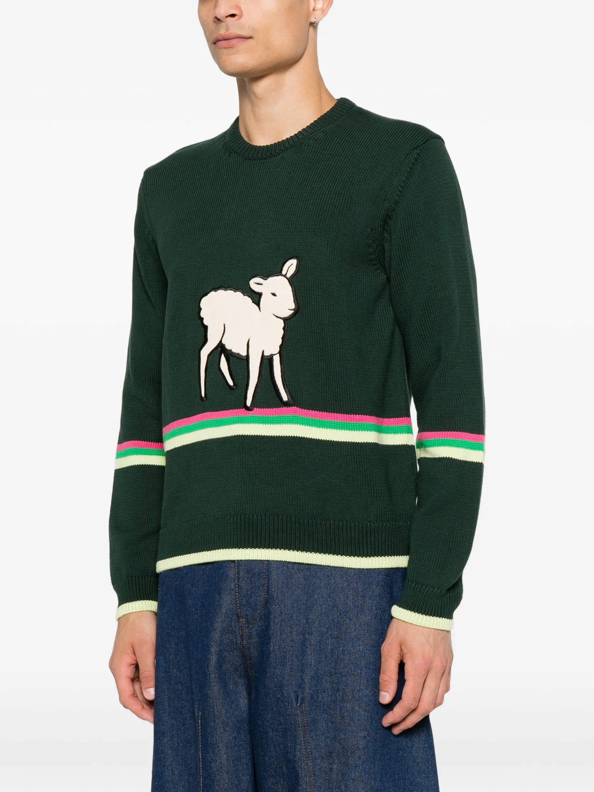 lamb-intarsia striped-trim sweater