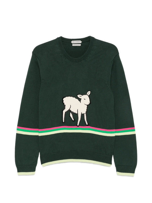 lamb-intarsia striped-trim sweater