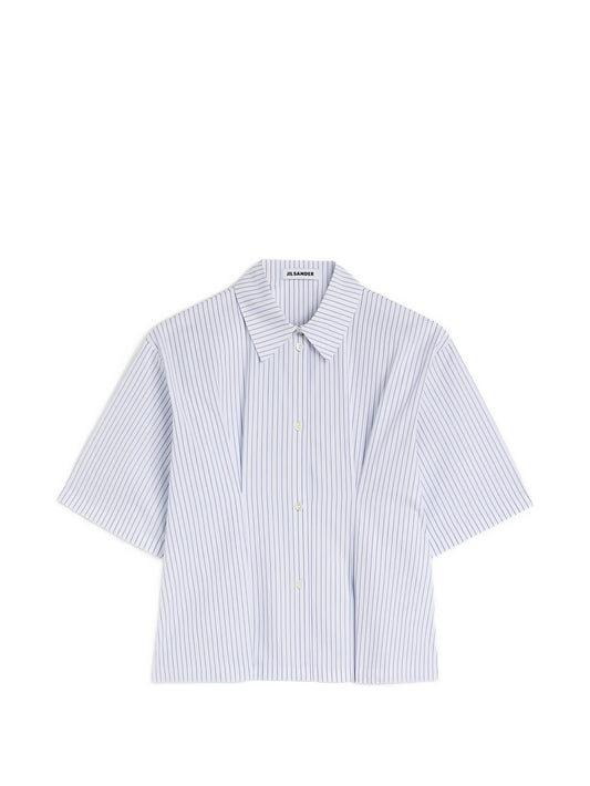boxy-fit striped cotton poplin shirt with pleated waist detail