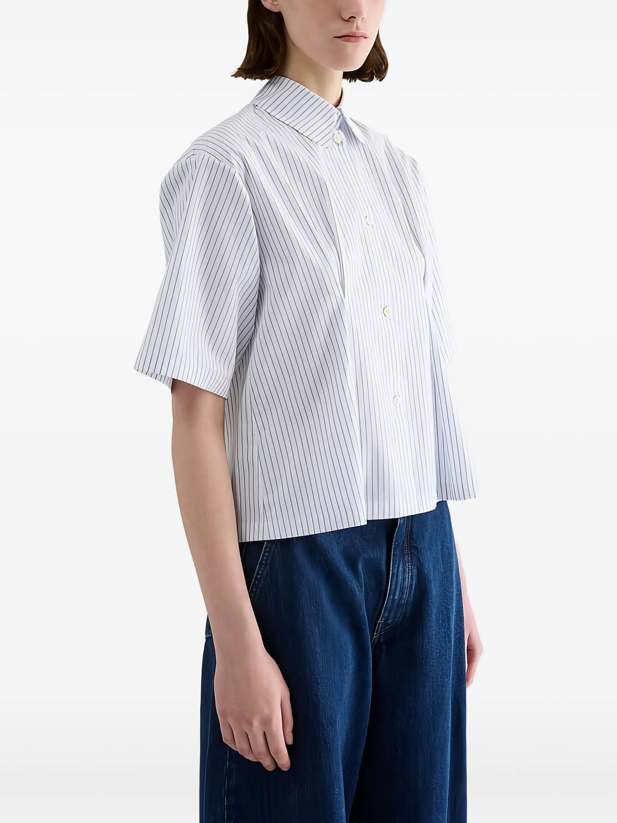 boxy-fit striped cotton poplin shirt with pleated waist detail
