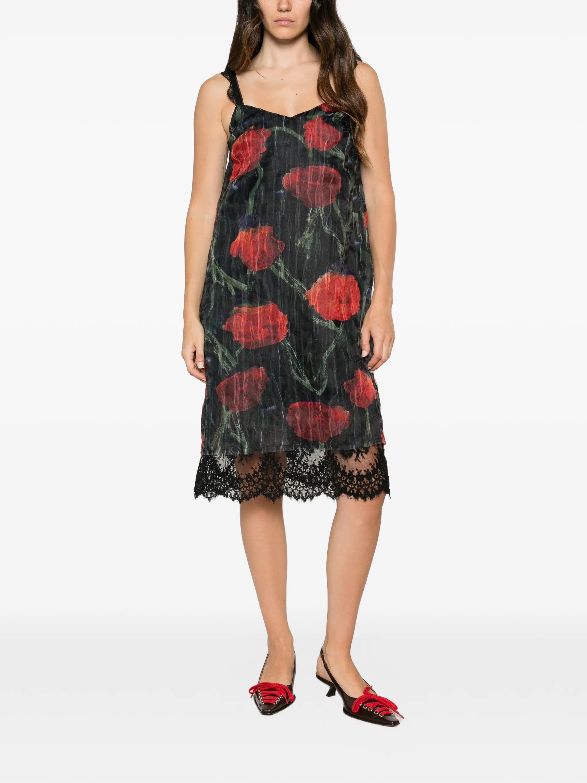 Fondo floral-pattern lace-trim midi dress