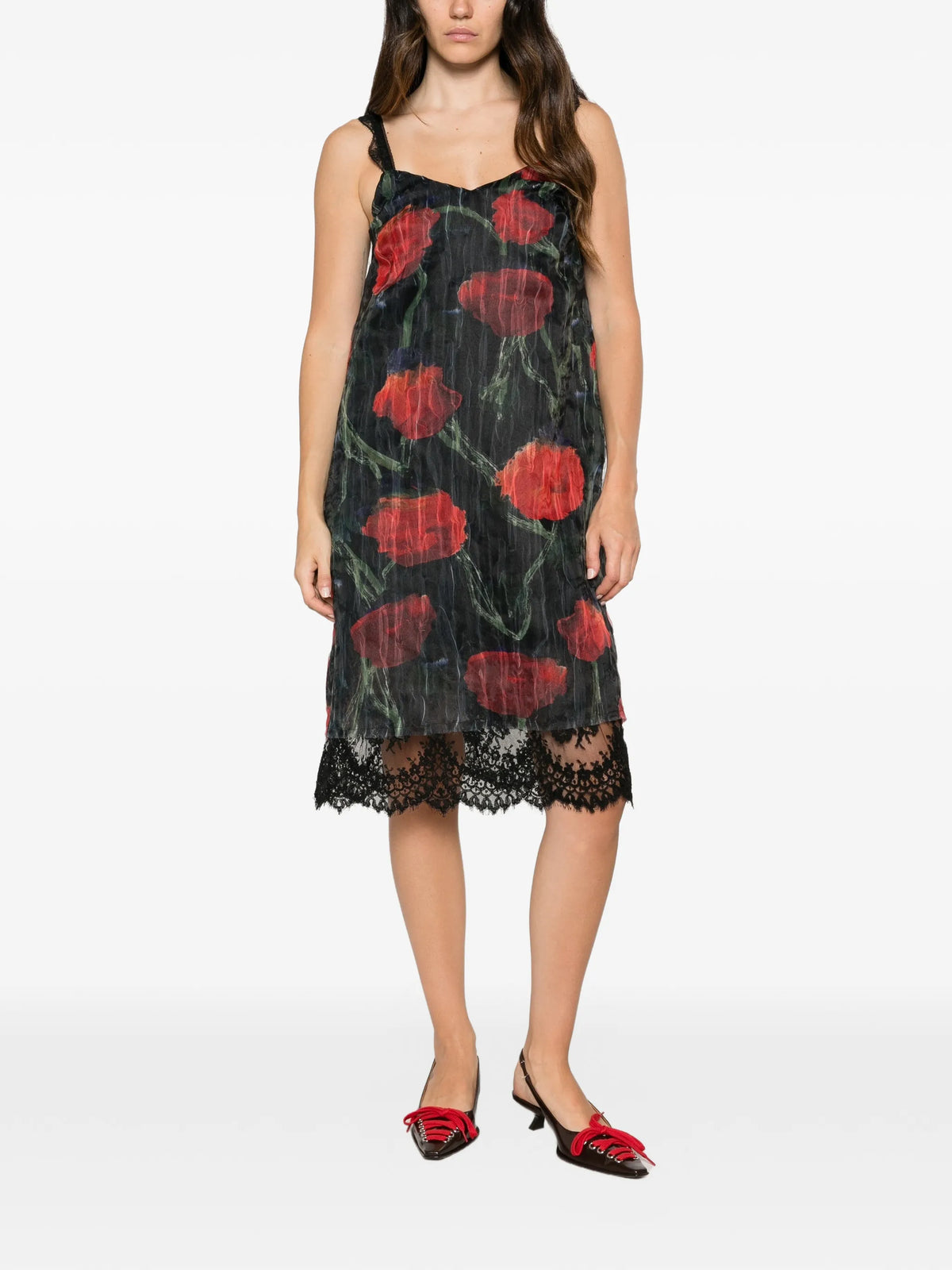 Fondo floral-pattern lace-trim midi dress