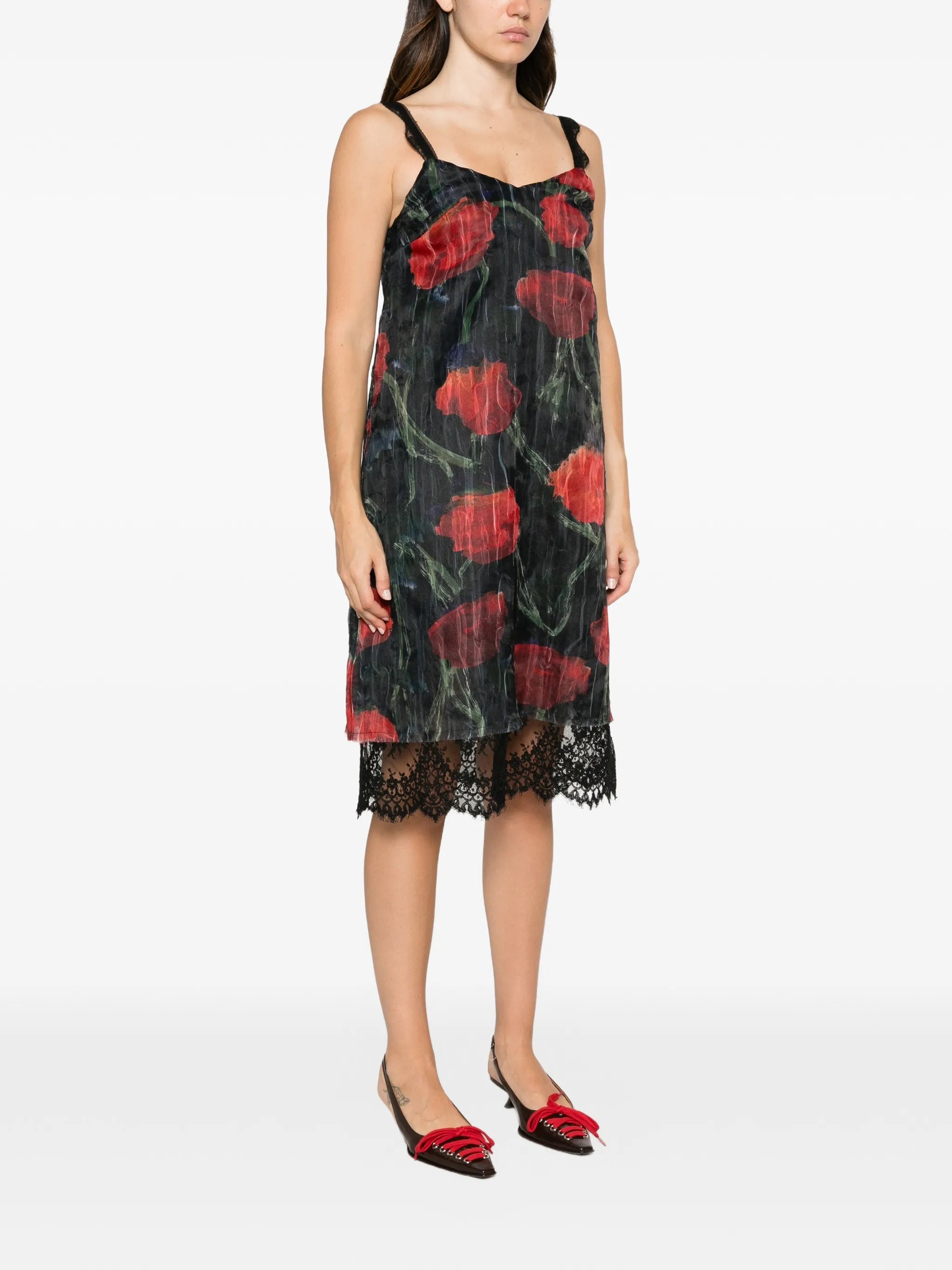 Fondo floral-pattern lace-trim midi dress