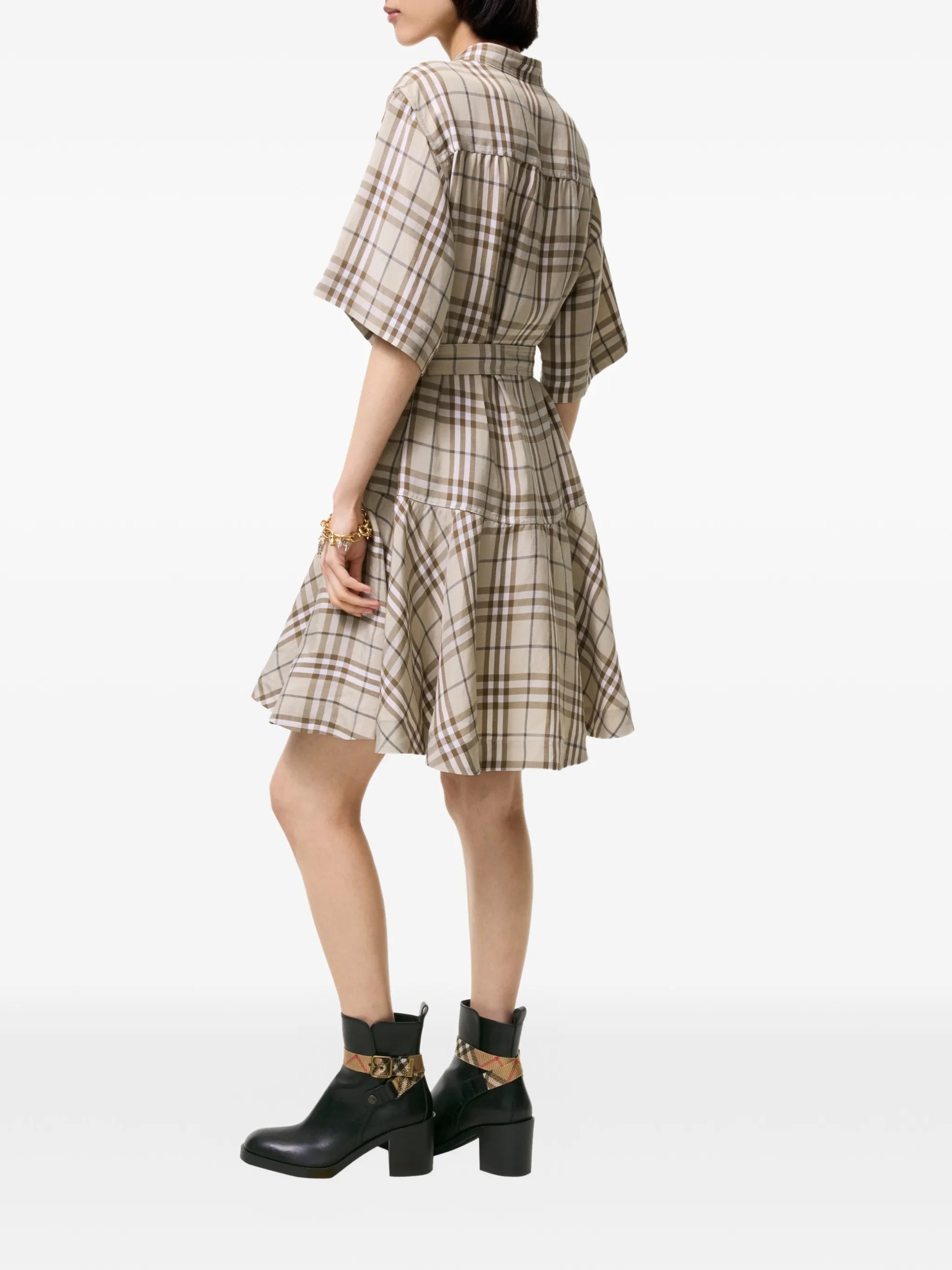 Check linen-blend dress