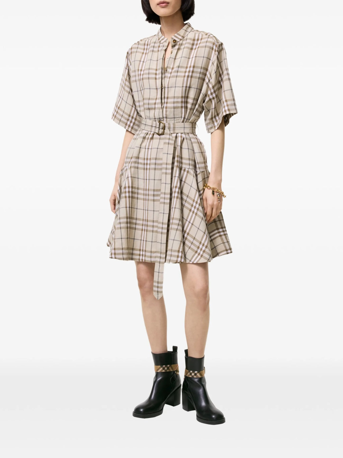 Check linen-blend dress