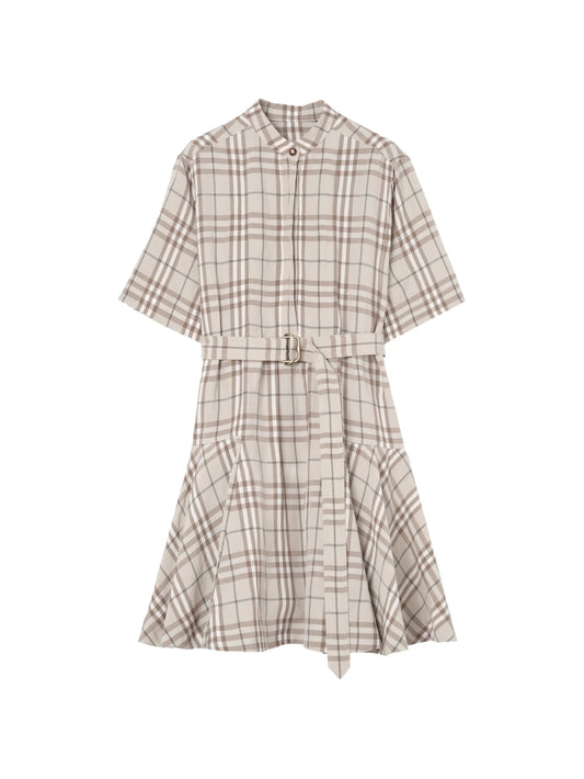 Check linen-blend dress