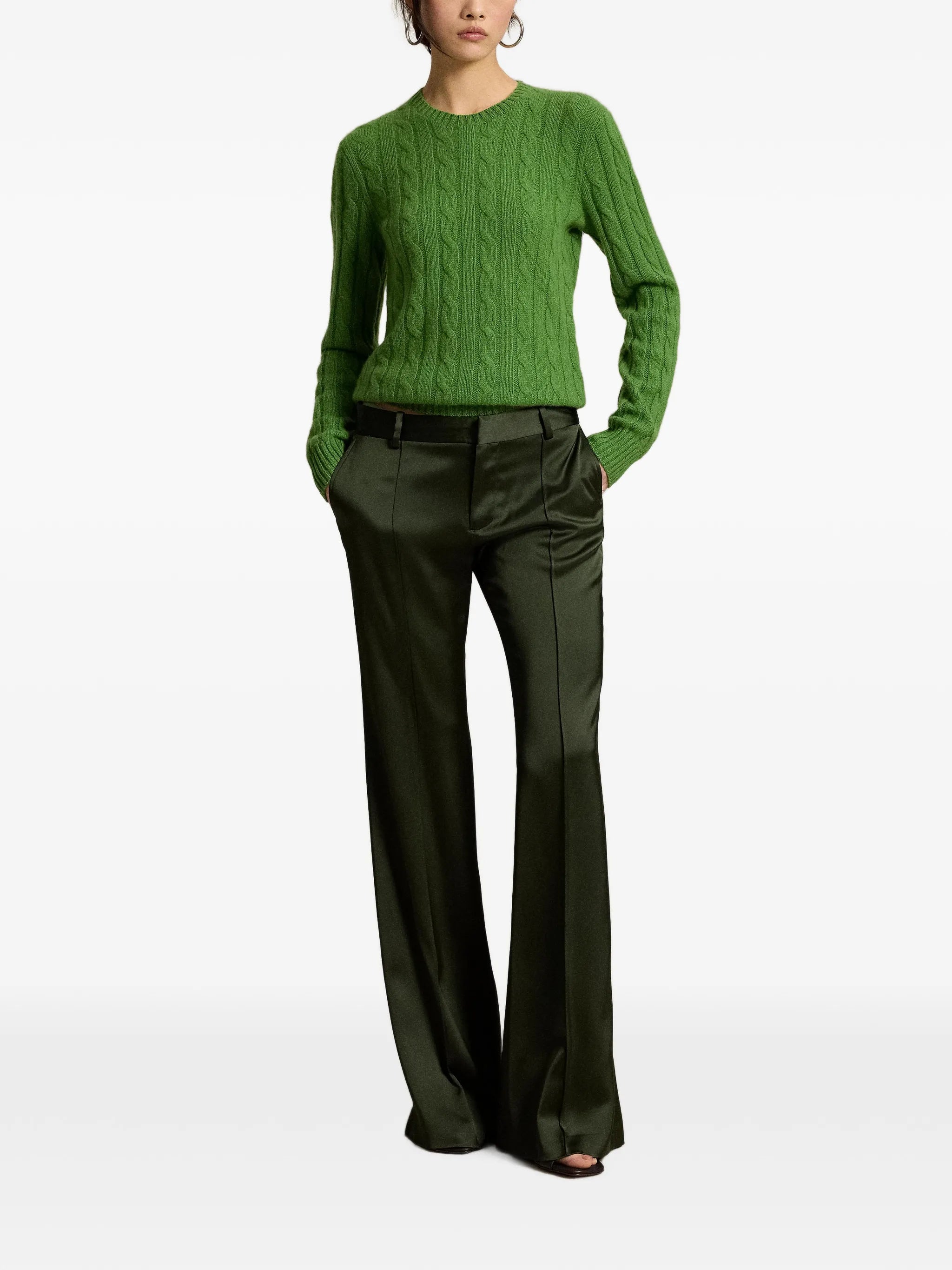 satin-finish flared trousers