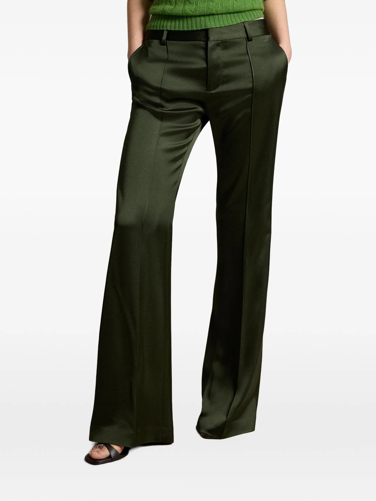 satin-finish flared trousers