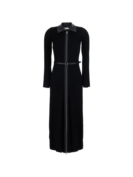 belted ribbed-knit midi dress