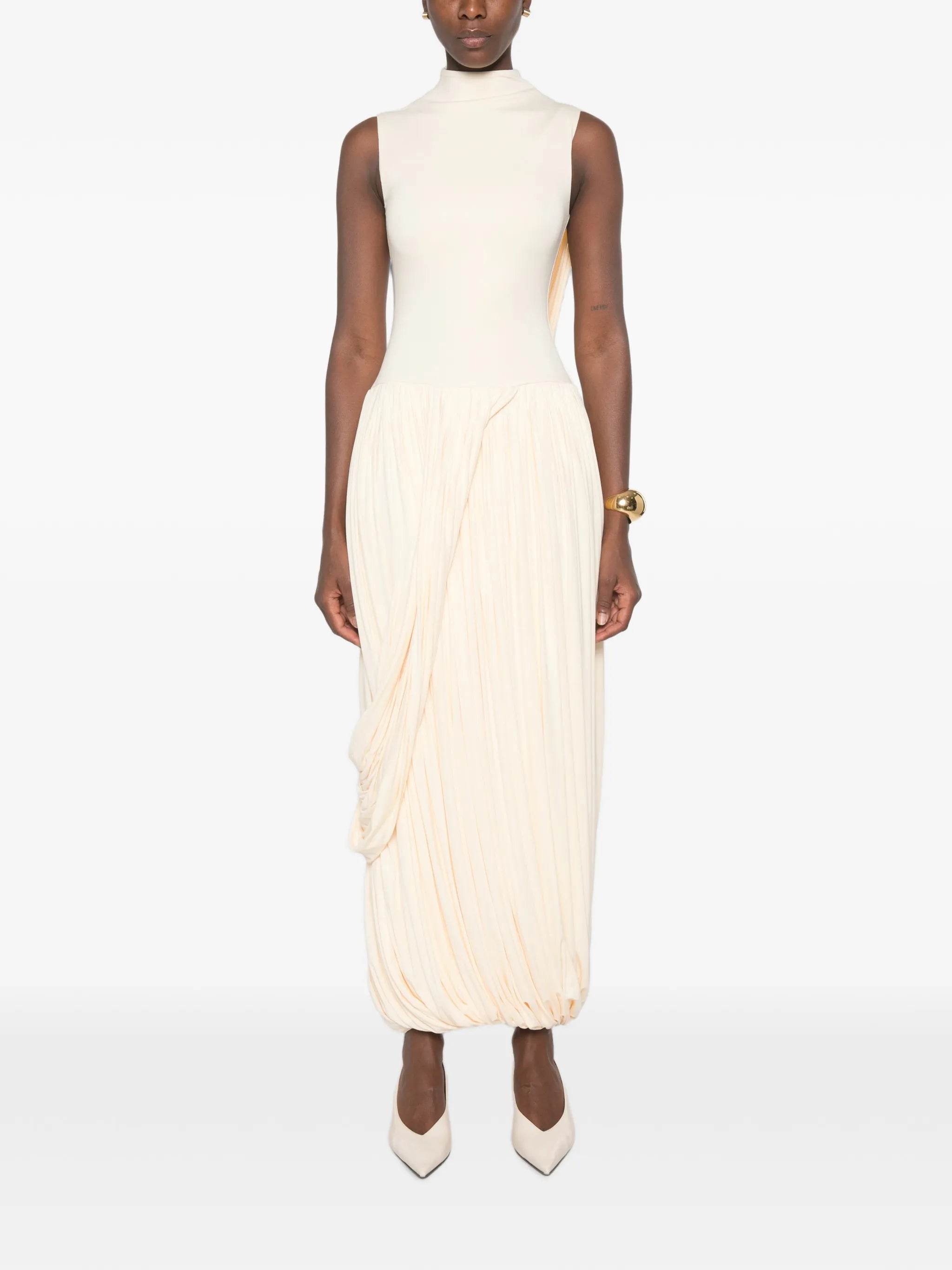 mock-neck draped maxi dress
