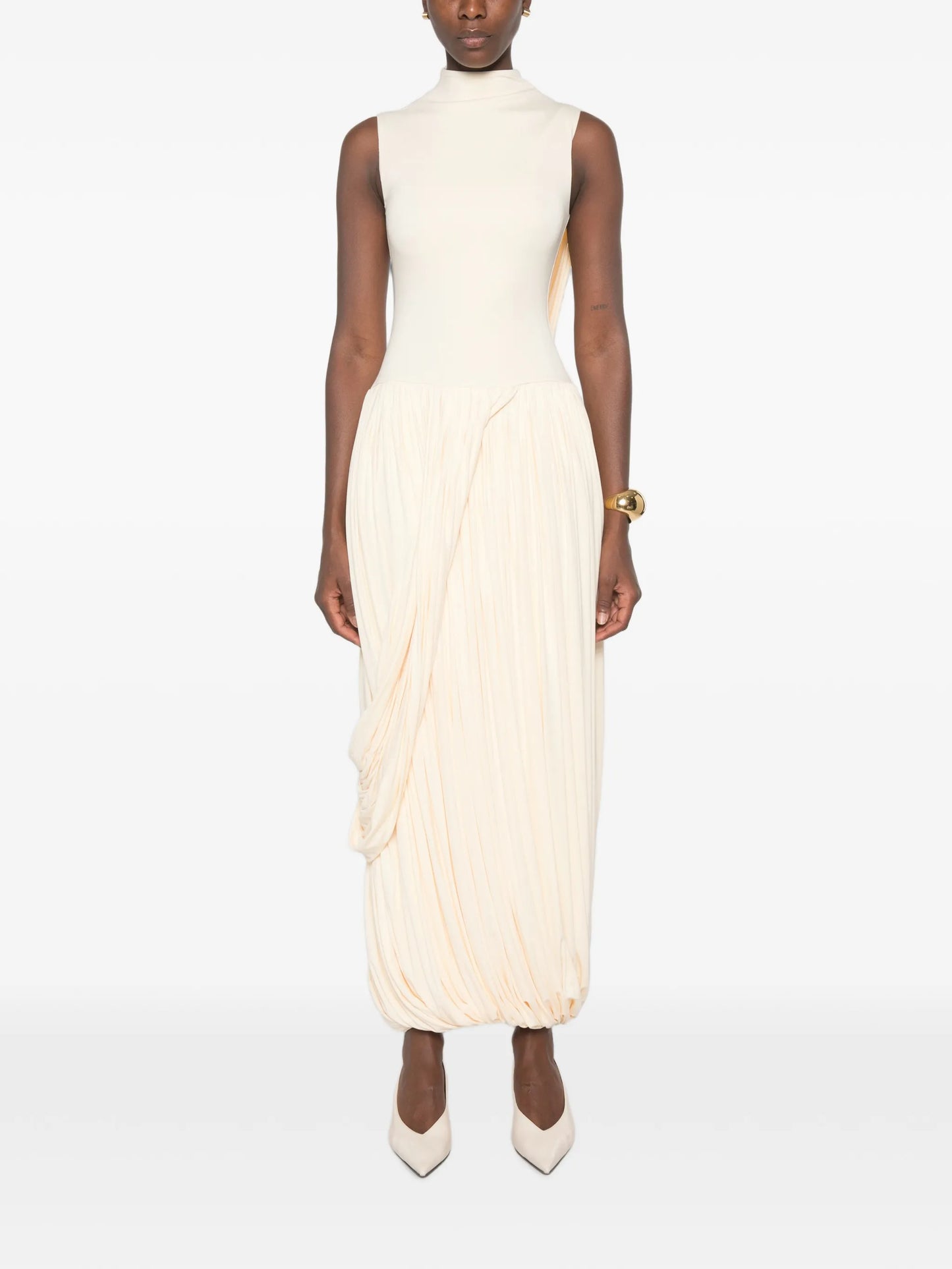 mock-neck draped maxi dress