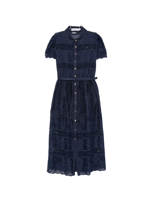 embroidered belted midi dress