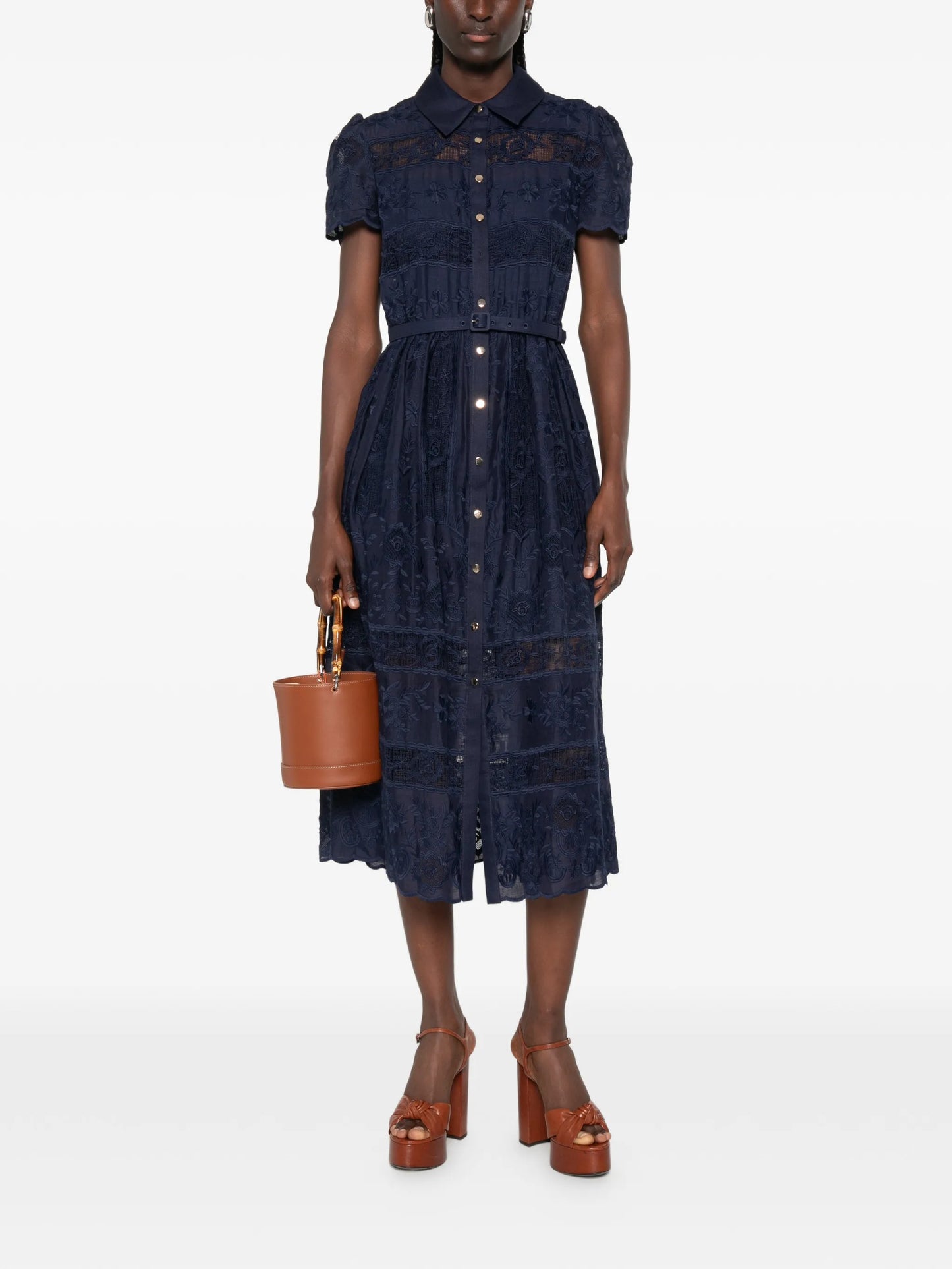 embroidered belted midi dress
