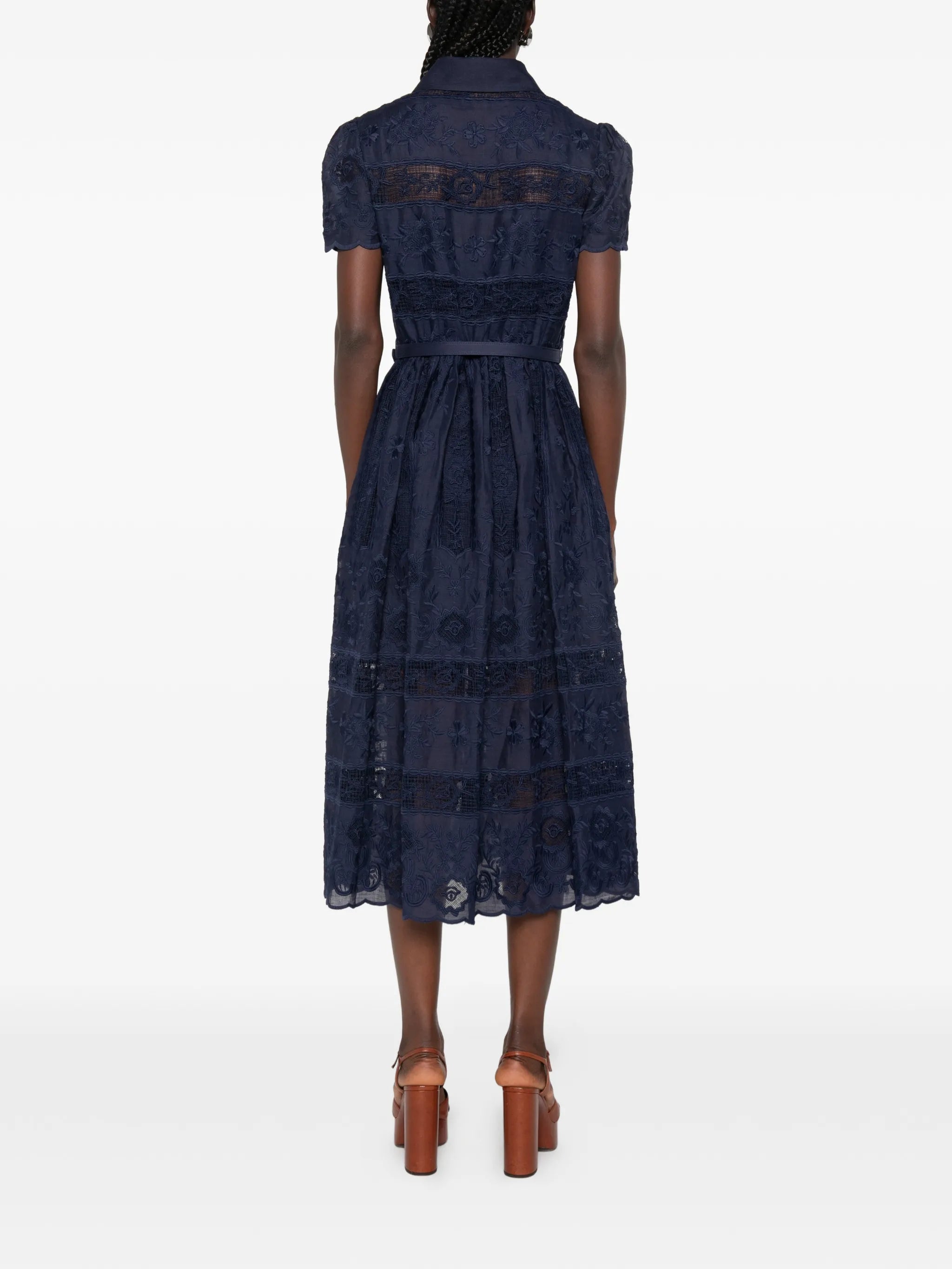 embroidered belted midi dress