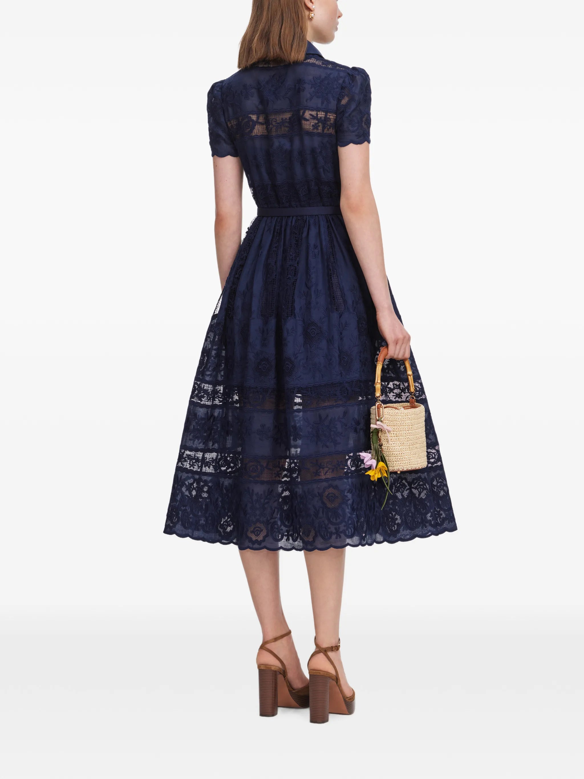 navy ramie collared midi dress