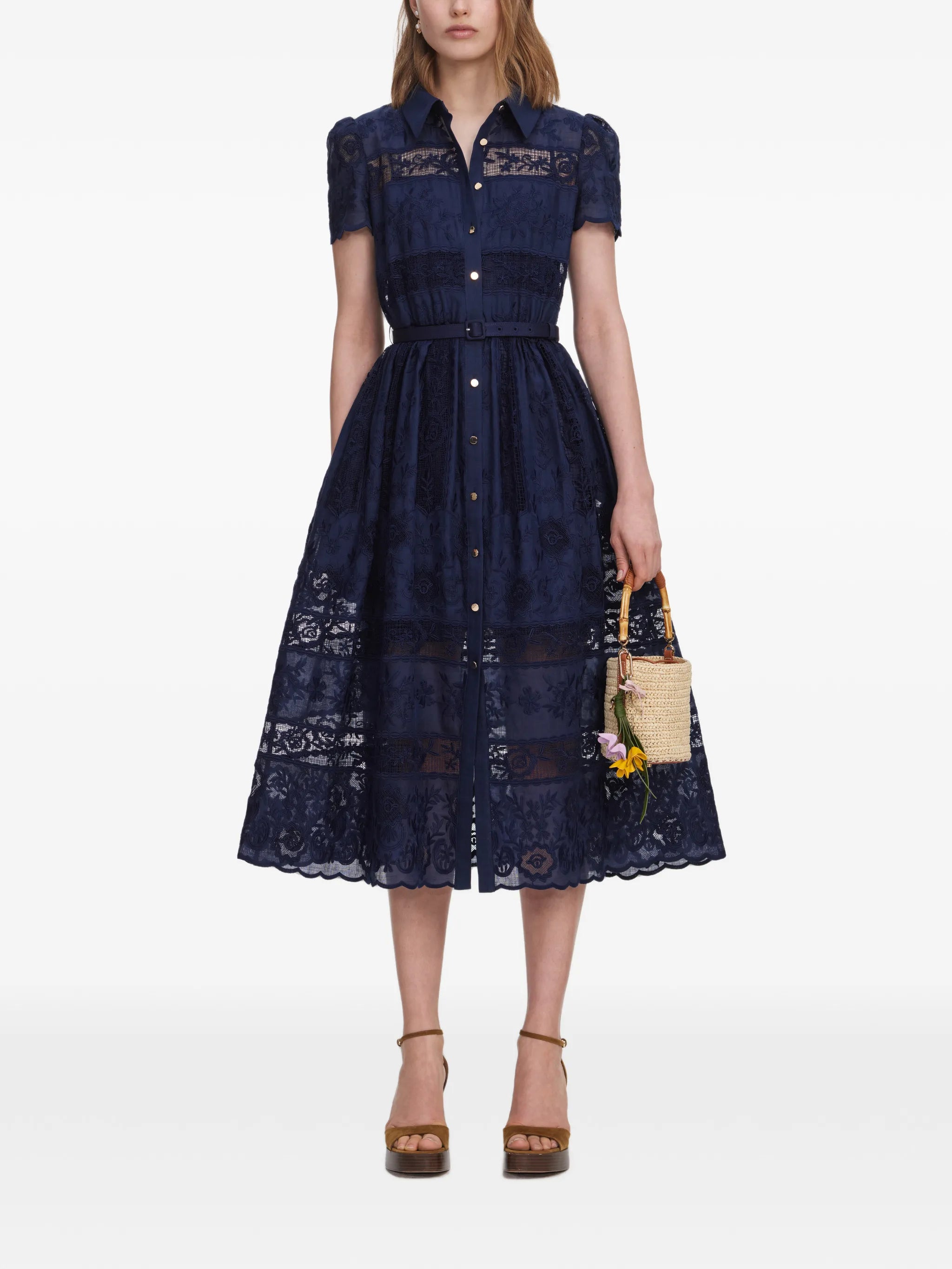 navy ramie collared midi dress