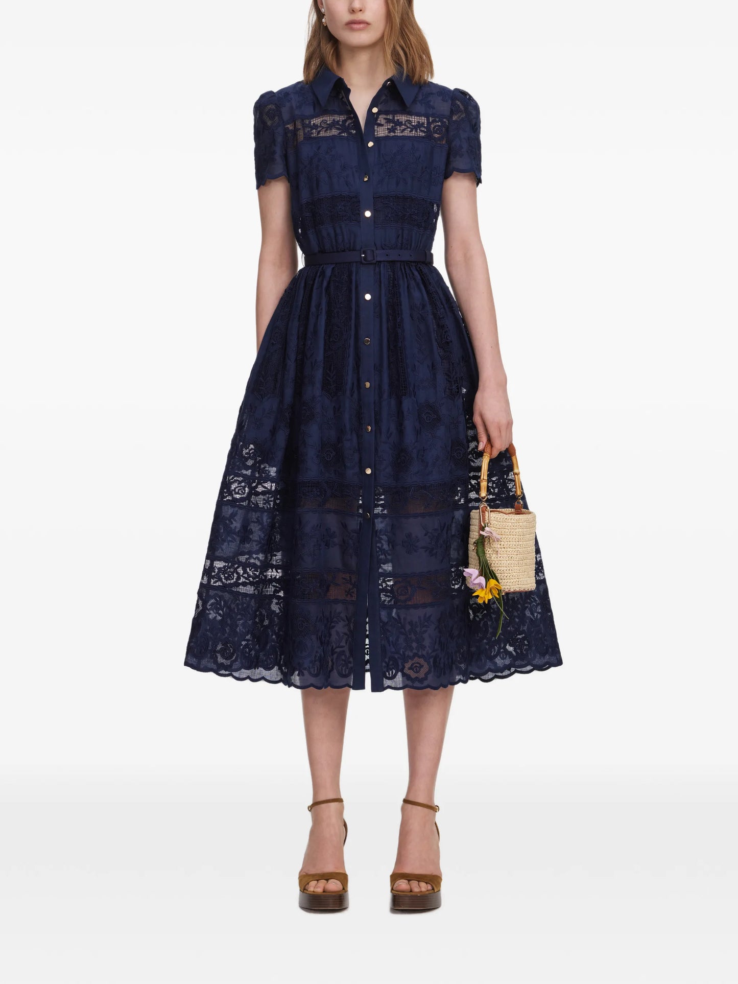 navy ramie collared midi dress