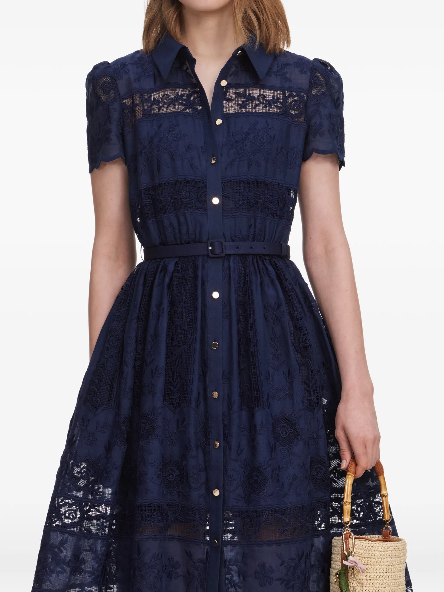 navy ramie collared midi dress