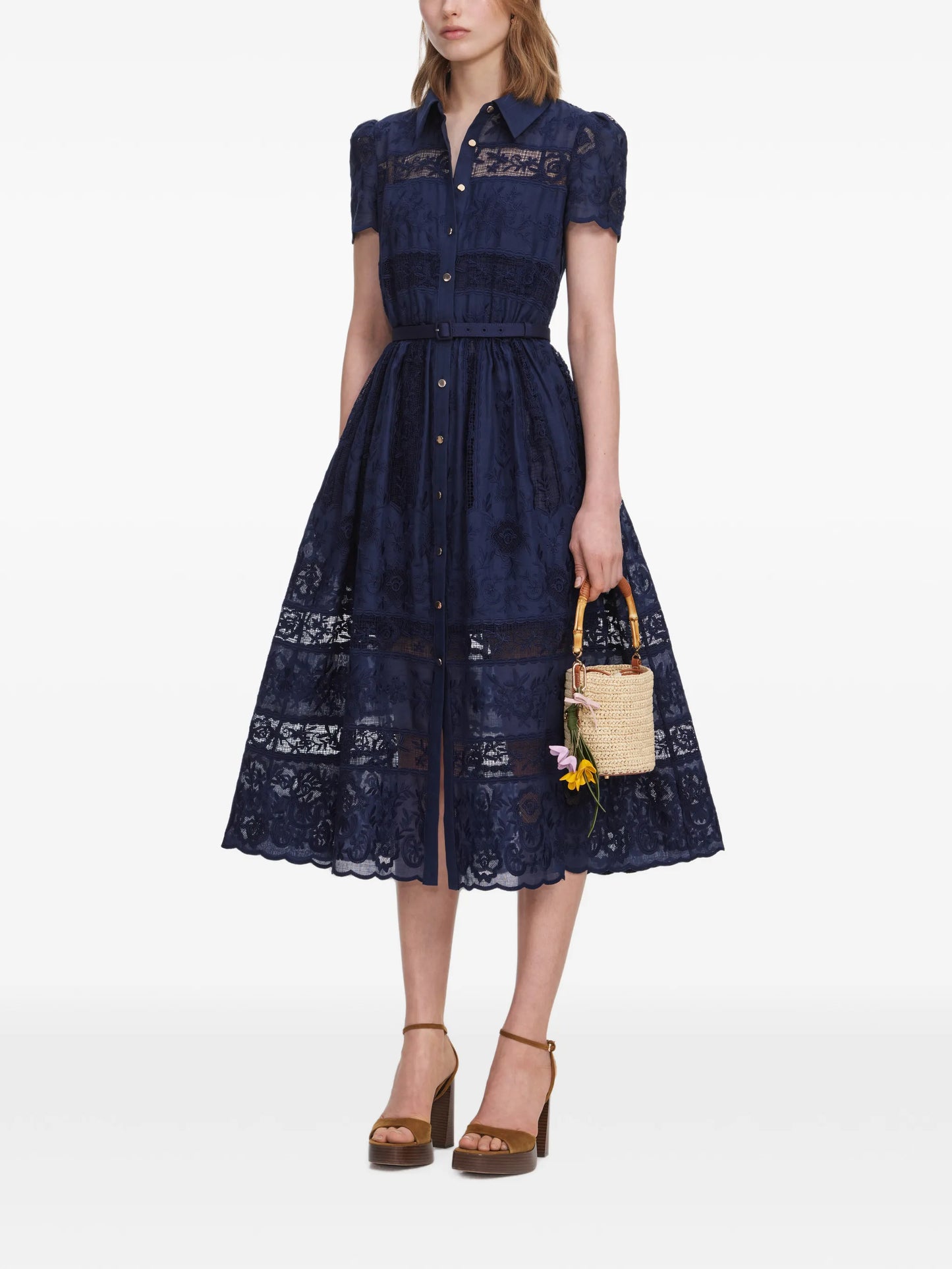 navy ramie collared midi dress