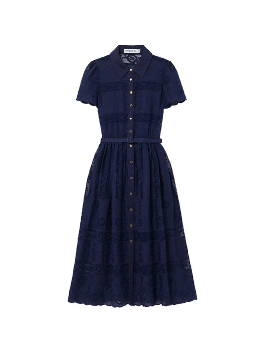 navy ramie collared midi dress