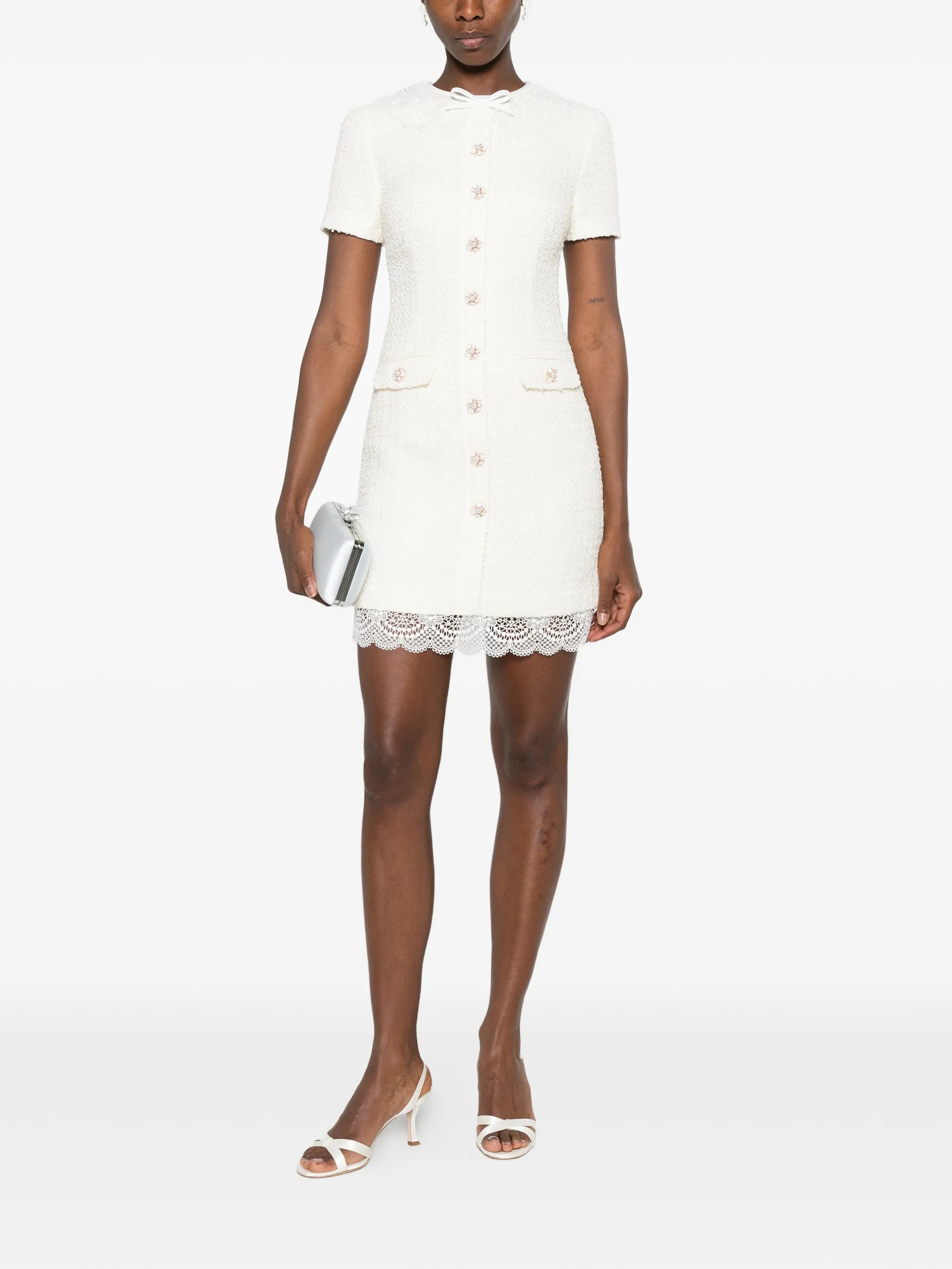 lace-trimmed bouclé mini dress