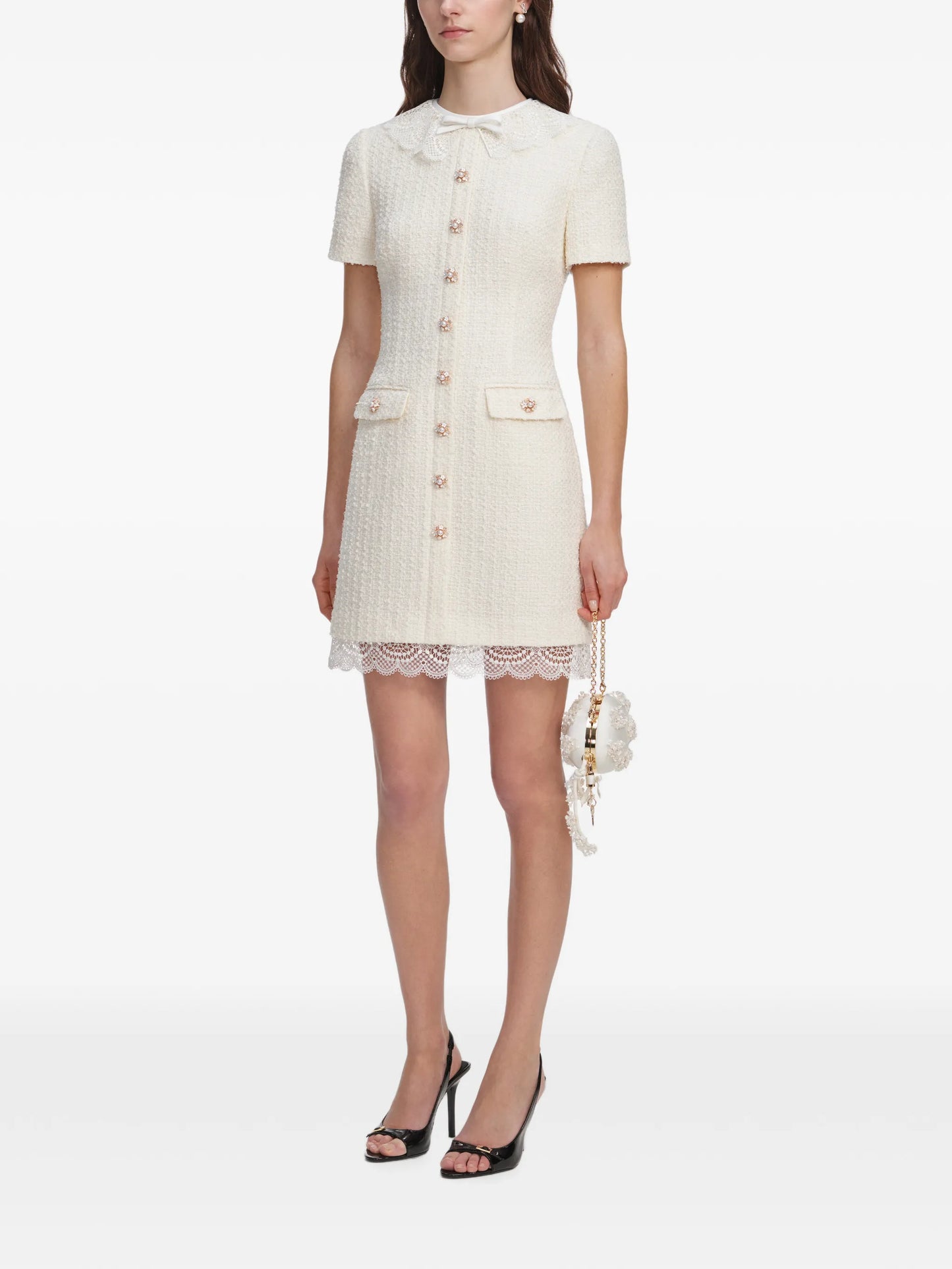 cream bouclé lace-trim tailored mini dress
