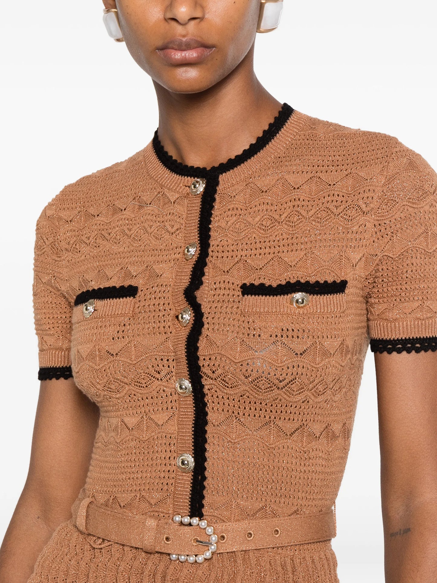 belted crochet-knit midi dress