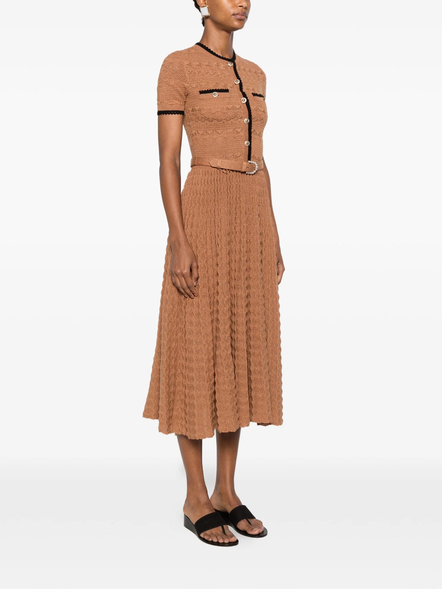 belted crochet-knit midi dress
