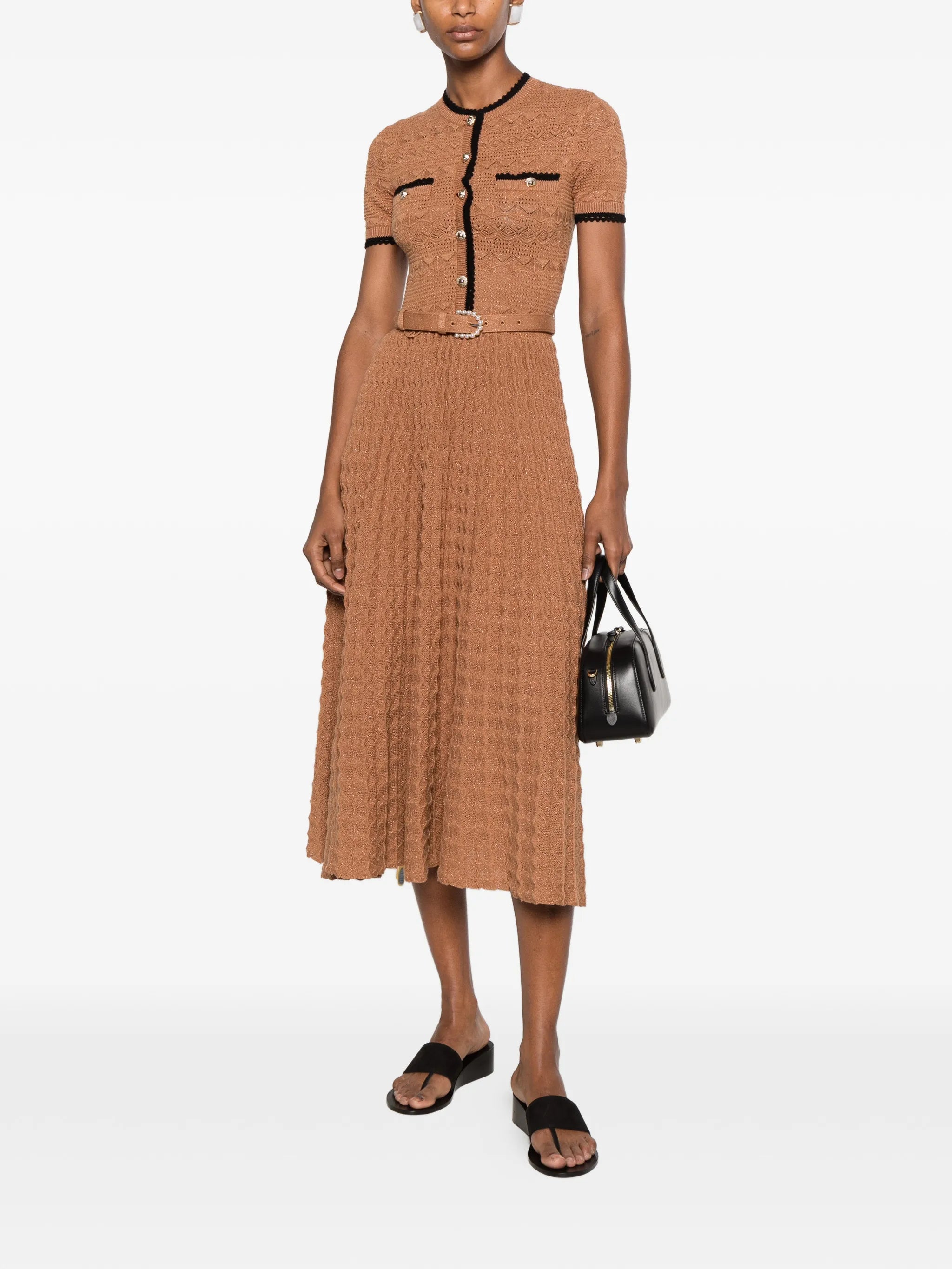 belted crochet-knit midi dress